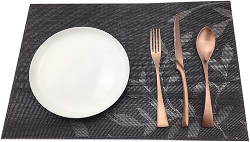 Miniatura 5 de Juego de 6 manteles individuales de PVC, juego de 6 manteles individuales de vinilo tejido de PVC, color natural (6 piezas, hojas negras)