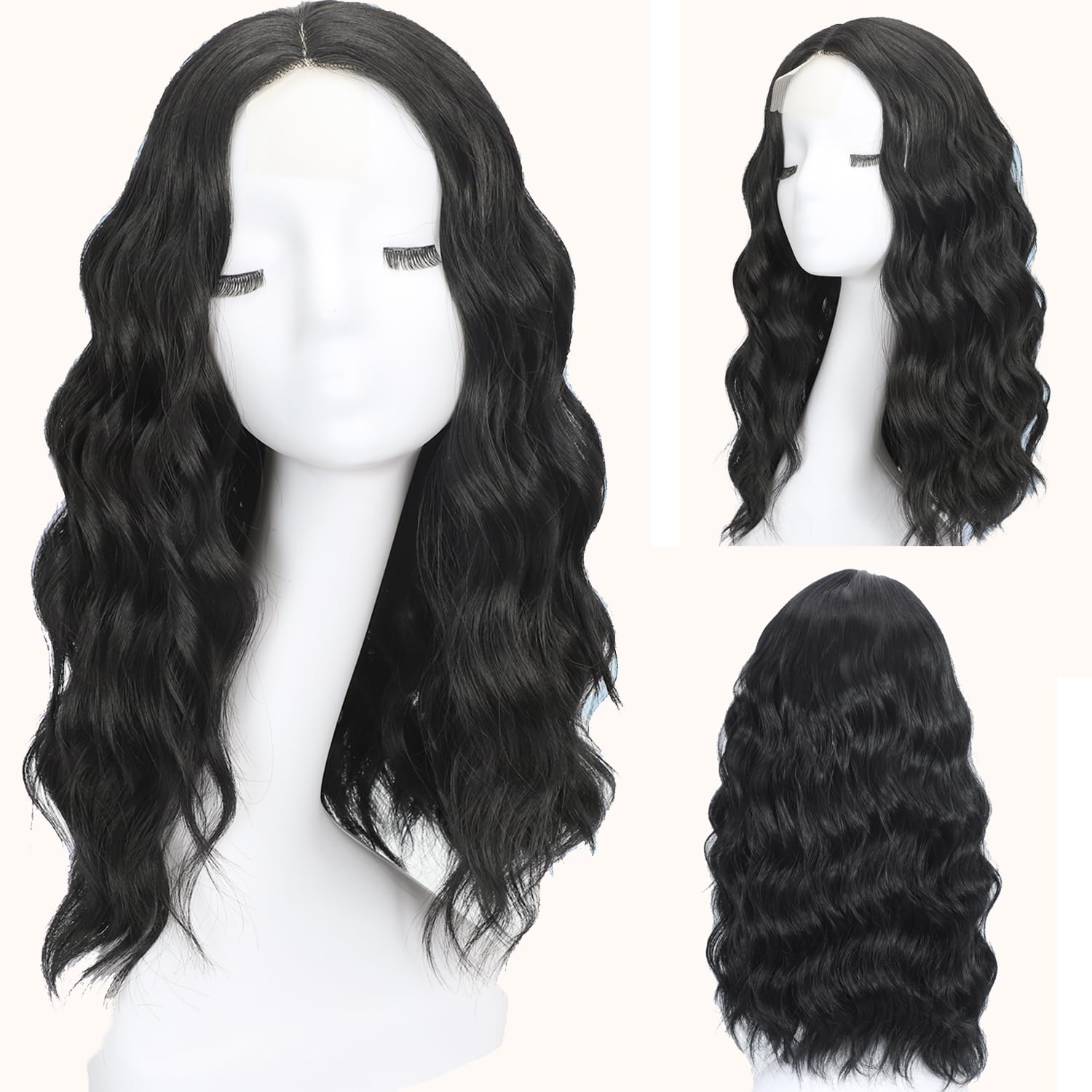 Black Wigs for Women 18 Inch Medium Length Short Wavy Wig Middle Part Synthetic Heat Resistant Natural Looking for Daily Party Halloween Use - Image 3