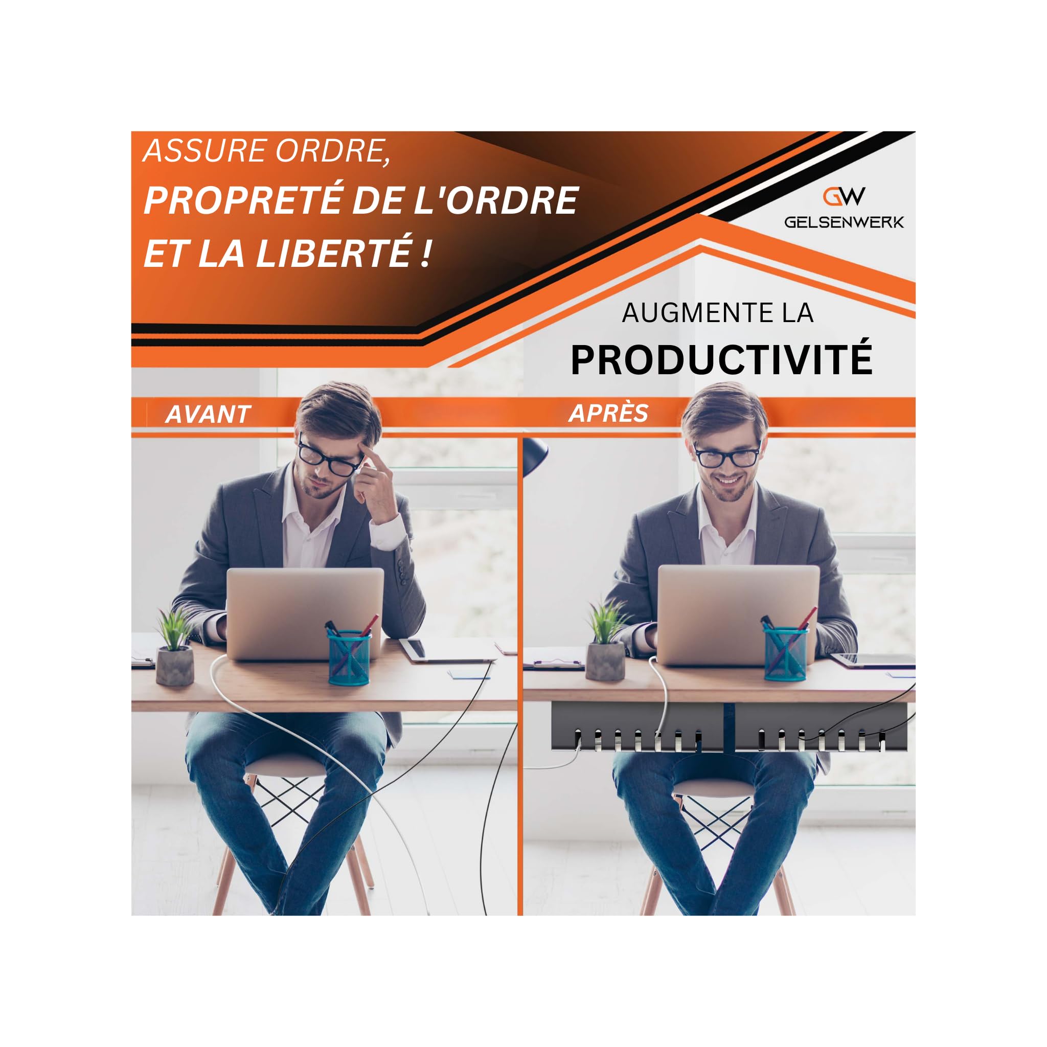 Set De 2 Conduites De Câbles Gelsenwerk® Noir sans Perçage - Support 43x12x12cm avec Tuyau De Câble - Chemin pour Gestion Câbles Lieu De Travail Et Ordre Bureau
