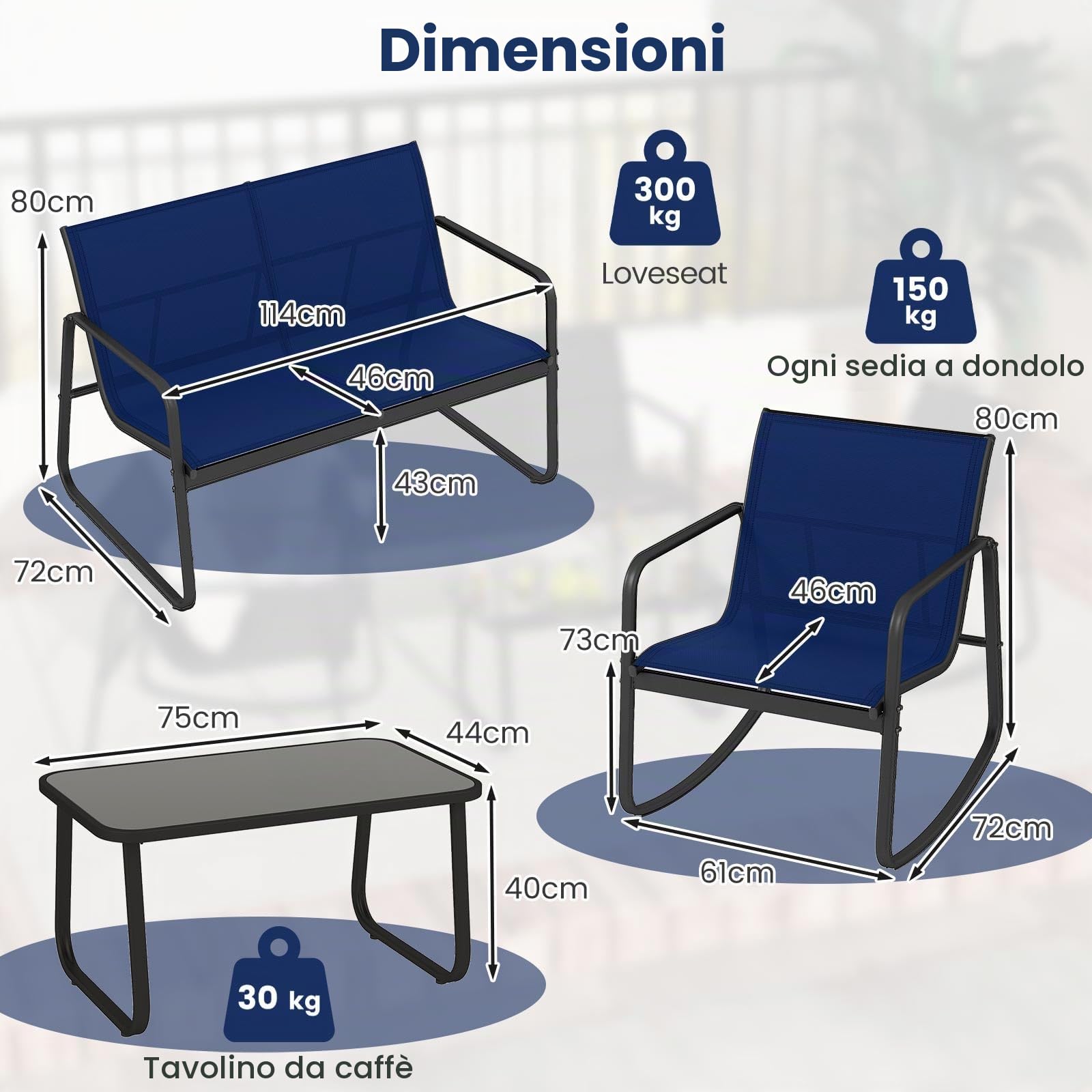 GIANTEX Set di 4 mobili da giardino con tavolino da salotto e panca da giardino e 2 sedie a dondolo, mobili da balcone in textilene con delicato movimento a dondolo (Blu)