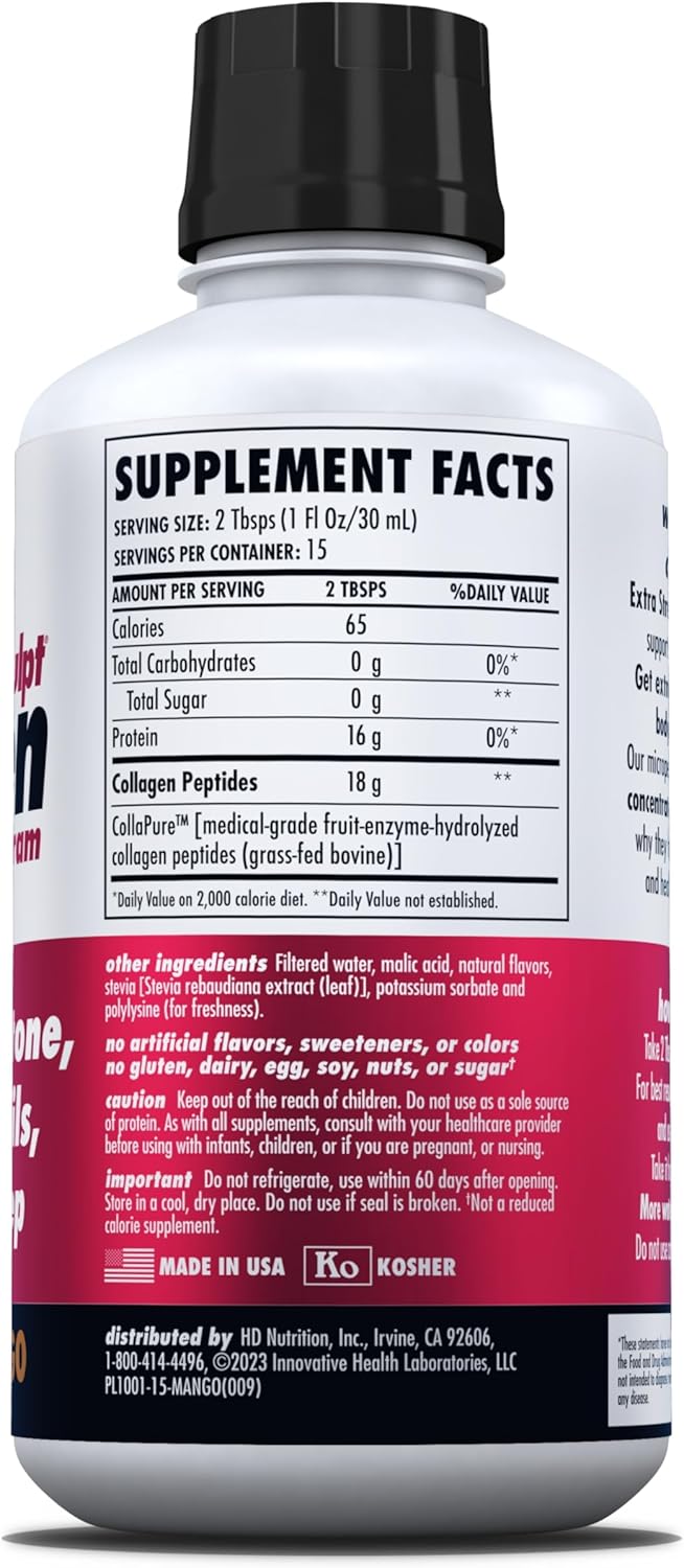 HEALTH DIRECT AminoSculpt Sugar-Free Collagen Supplement - High Potency Medical-Grade Protein for Hair, Skin, Nails & Joints, Grass-Fed, Non-GMO, Liquid Collagen - Smooth Mango - 15 Fl Oz