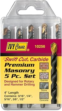 IVY Classic 10256 5-Piece Premium Carbide Masonry Drill Bit Set, Sturdy Plastic Case