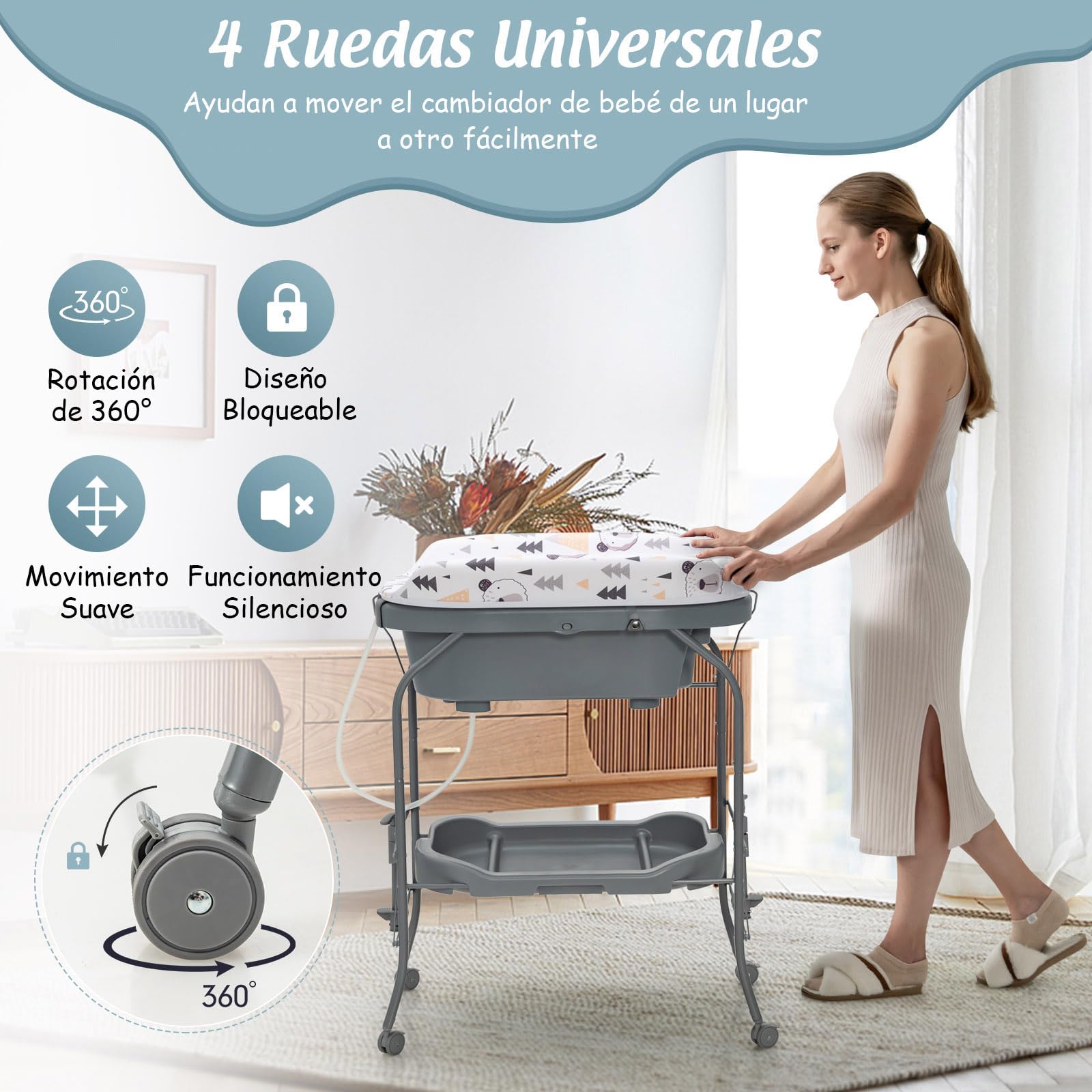 RELAX4LIFE 4 en 1 Cambiador/Bañera Bebe Plegable con 4 Ruedas Universales Bloqueables y 1 Estante, Cambiador Bebe Portátil con Cojín Impermeable, Bañera para Bebé 0-12 Meses, Carga 35kg (Gris Oscuro)