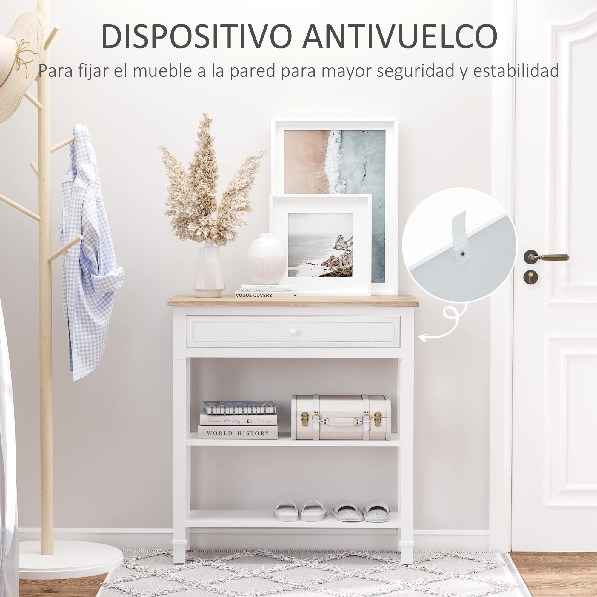 HOMCOM Mesa de Consola Multifuncional Recibidor 75,6x27,5x80,5 cm Blanco | Mesa Auxiliar, para Sala Pasillo Comedor, 2 Estantes, 1 Cajón Extraíble, Manija, Estilo Retro, Pino, Madera Natural