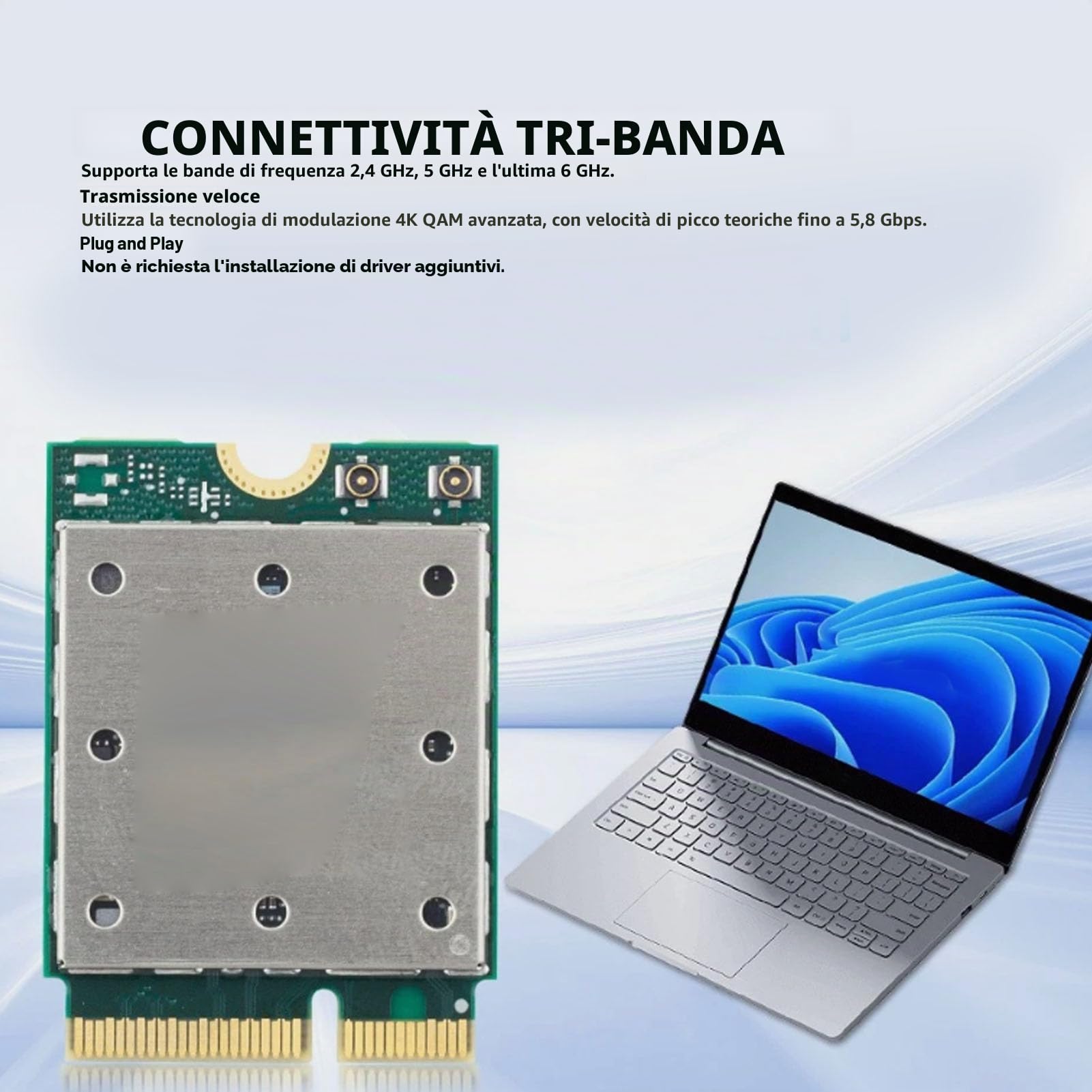 QCNCM865 Scheda di Rete WiFi 7, Adattatore Wireless Tri Band da 5,8 Gbps M.2 NGFF, Modulo 6GHz 5G 2.4G per PC Portatile