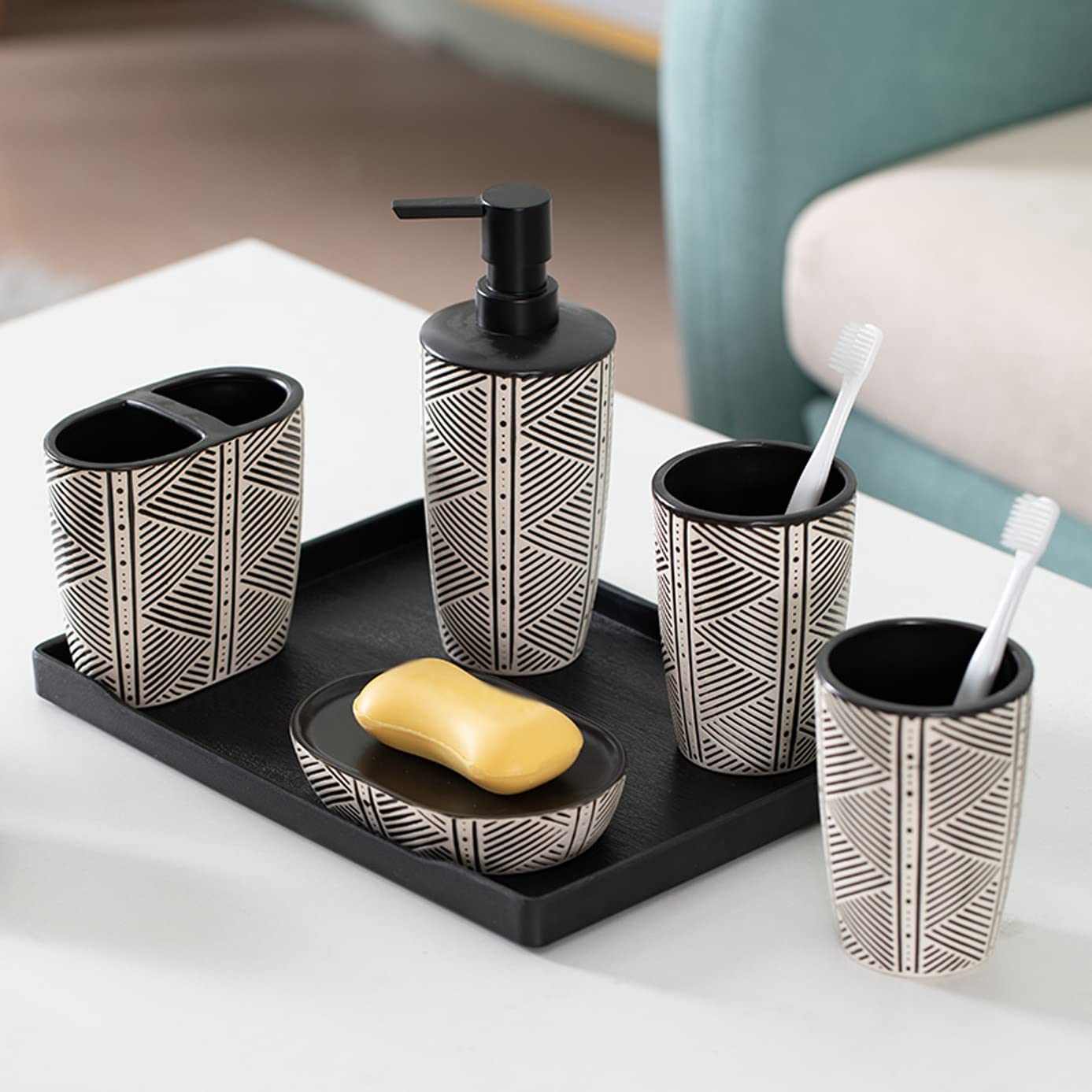 Juego de Accesorios de baño con Textura Negra, Kit de decoración de Accesorios de baño de cerámica de Moda con dispensador de loción, Soporte para Cepillo de Dientes, 2