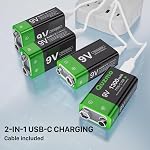 4-Pack Rechargeable 9 Volt Lithium-ion Batteries, 1300mAh Long Lasting Power, USB-C Recharge with 2 in 1 Charging Cable for Smoke Alarms,Multimeters,Microphones,Walkie-Talkie,Toys