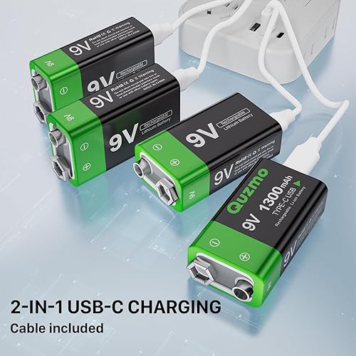 Miniatura 6 de Paquete de 2 baterías recargables de iones de litio de 9 voltios, 1300 mAh de larga duración, recarga USB-C con cable de carga 2 en 1 para alarmas