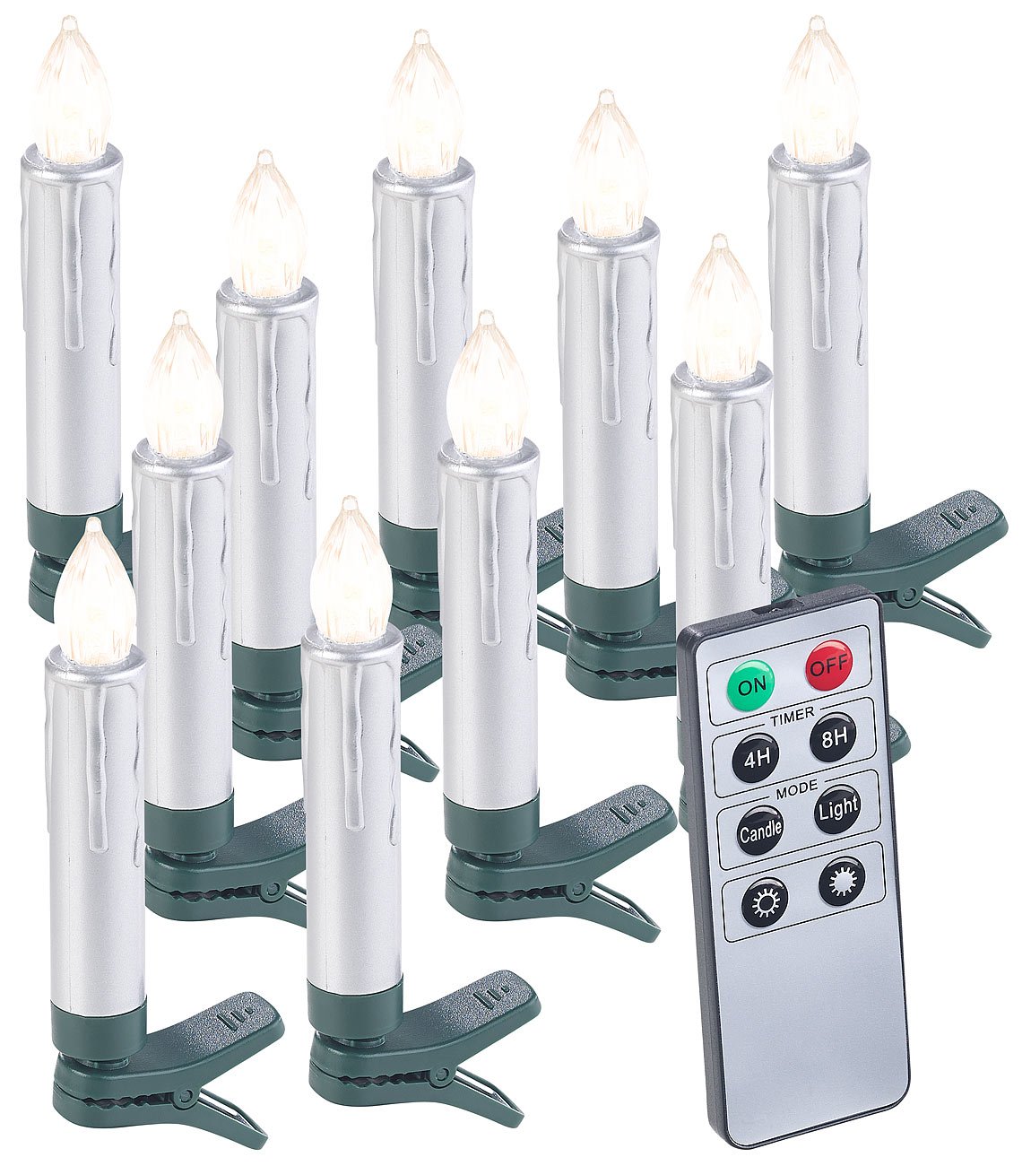 Lunartec Christbaumkerzen LED: 30er-Set LED-Weihnachtsbaumkerzen mit Fernbedienung und Timer, Silber (Kabellose Christbaumkerzen, Kabellose LED-Weihnachtsbaumkerzen, Weihnachtsmann)