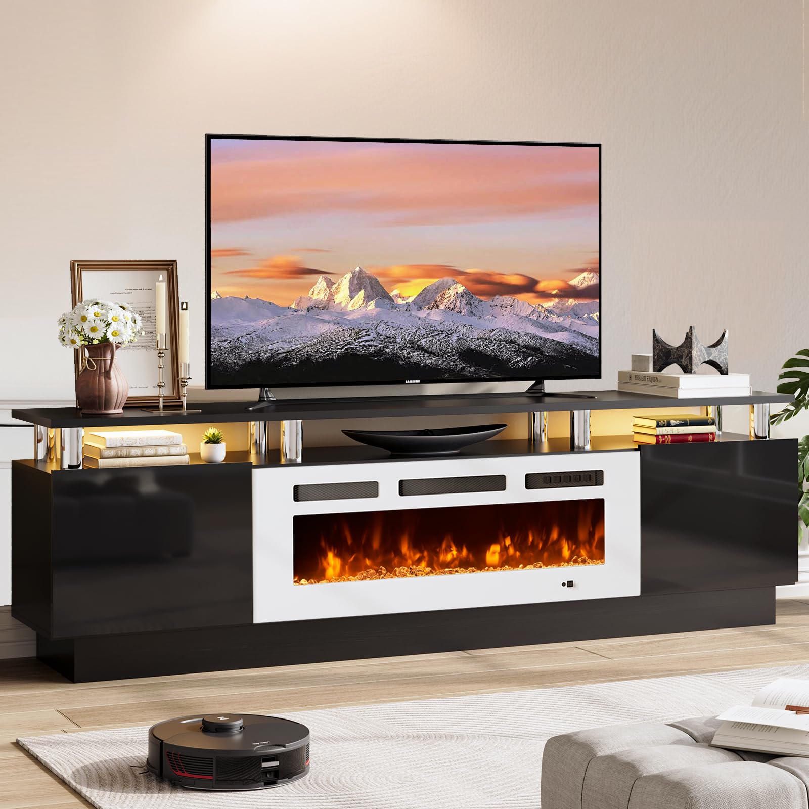Photo 1 of ***INCOMPLETE SET/ MISSING BOX NUMBER 2**** OneBlis 70" TV Stand for Living Room, Modern Entertainment Center & Media Console, Fits TVs up to 80", Storage Cabinet with Shelves, 36" Electric Fireplace with LED Flame