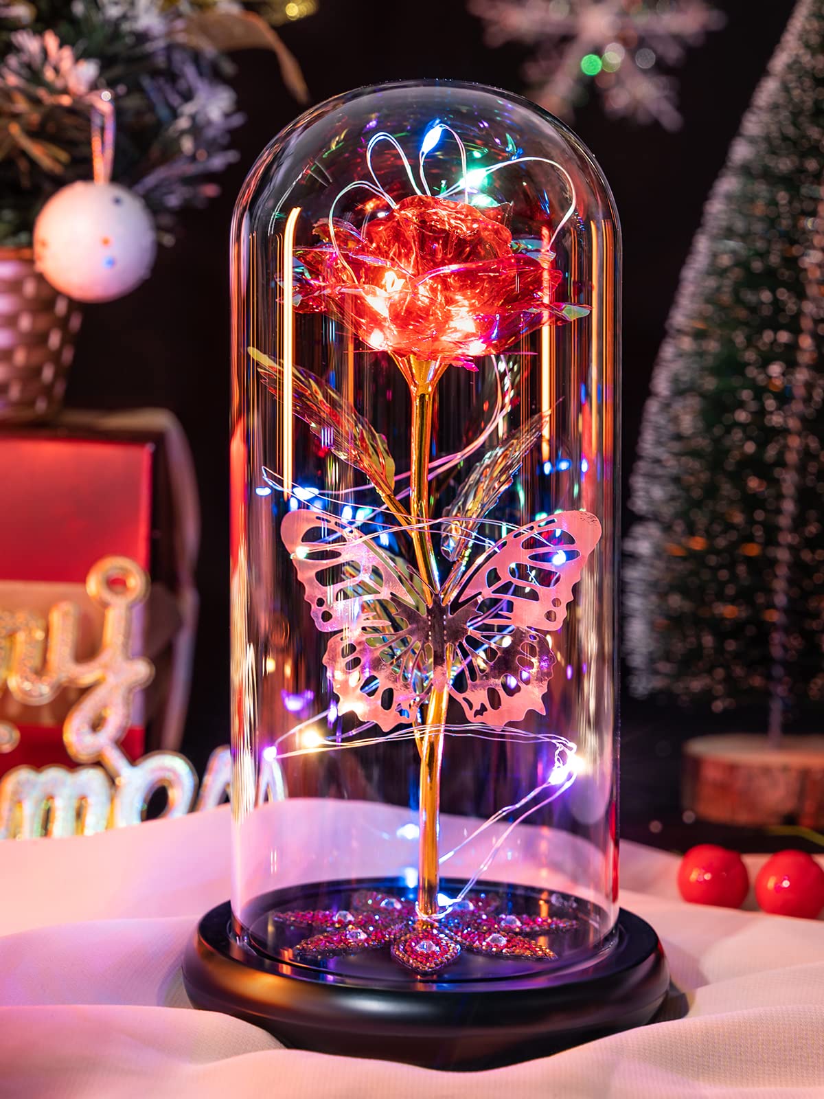 Pusuny Women's E Red Valentines Day Gifts For Her, Galaxy Glass Rose Flower Forever Eternal Crystal Light Up Rose In Glass Dome With Butterfly Birthday Gifts For Mom Wife Girlfriend Grandma Red
