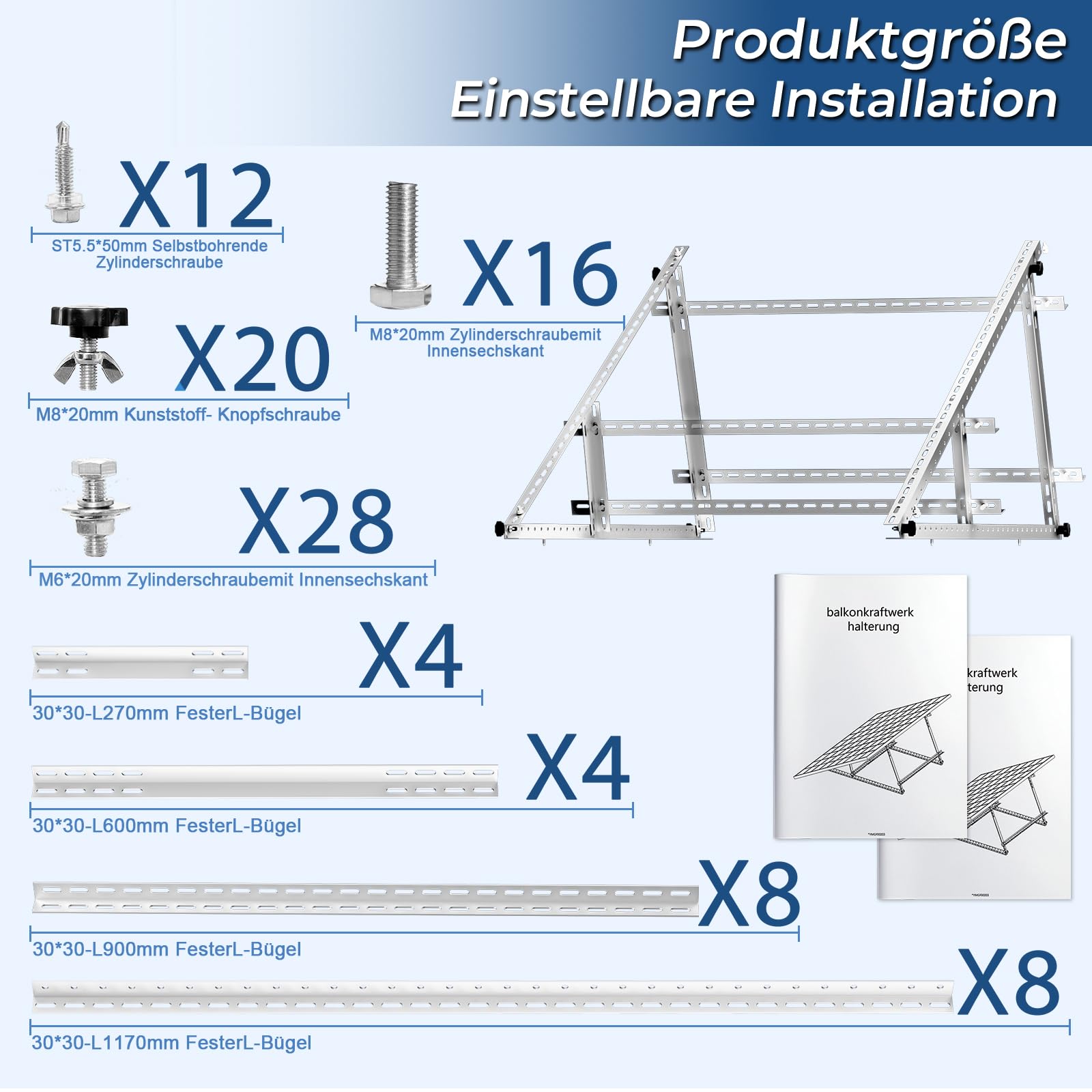 Lot de 2 supports pour centrale électrique de balcon - 117 cm - Support de panneau solaire plat pour panneaux solaires - Angle réglable de 0 à 90 ° - Compatible avec les panneaux solaires de 100 à 600