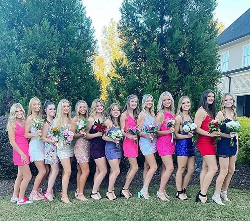 Wchecalino One Shoulder Homecoming Dresses Tight Sparkly Sequin Short Bodycon Mini Prom Cocktail Party Gown