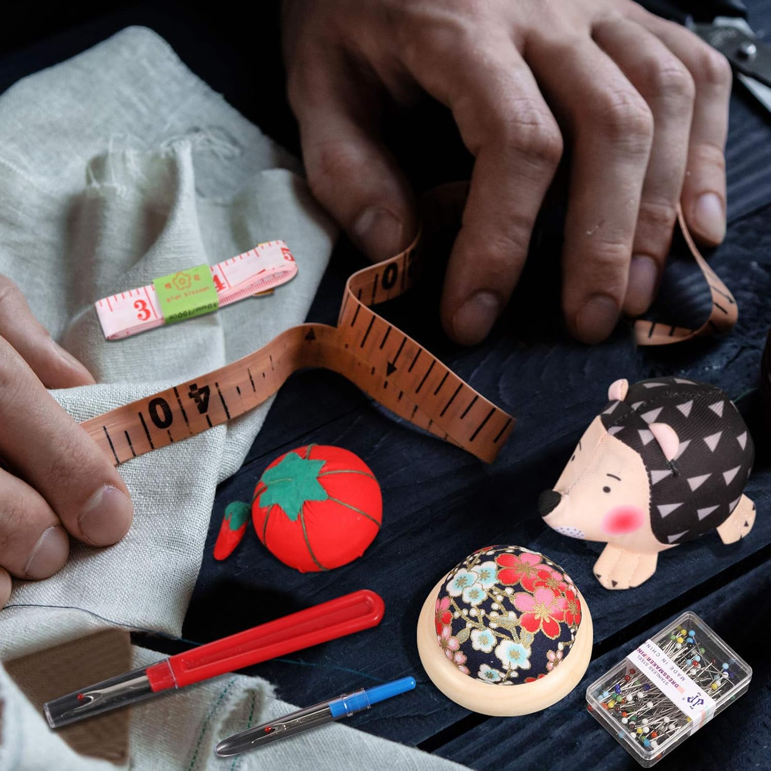 7 Pieces Pin Cushion Tools Kits Include Hedgehog-Shaped Cute Pin Cushion Tomato Pincushion Japanese Pin Needle Holder, 2 Sewing Seam Ripper 100 Pieces Pearl Head Pins Straight with Soft Tape Measure