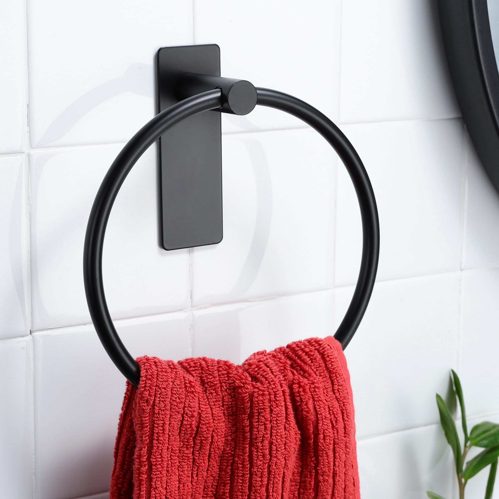 SUNTECH Towel Ring/Hand Towel Holder for Bathroom，Black Towel Holder Self Adhesive，Towel Ring Holder Flexible 180 Degree Rotation，SUS304 Stainless Steel Waterproof