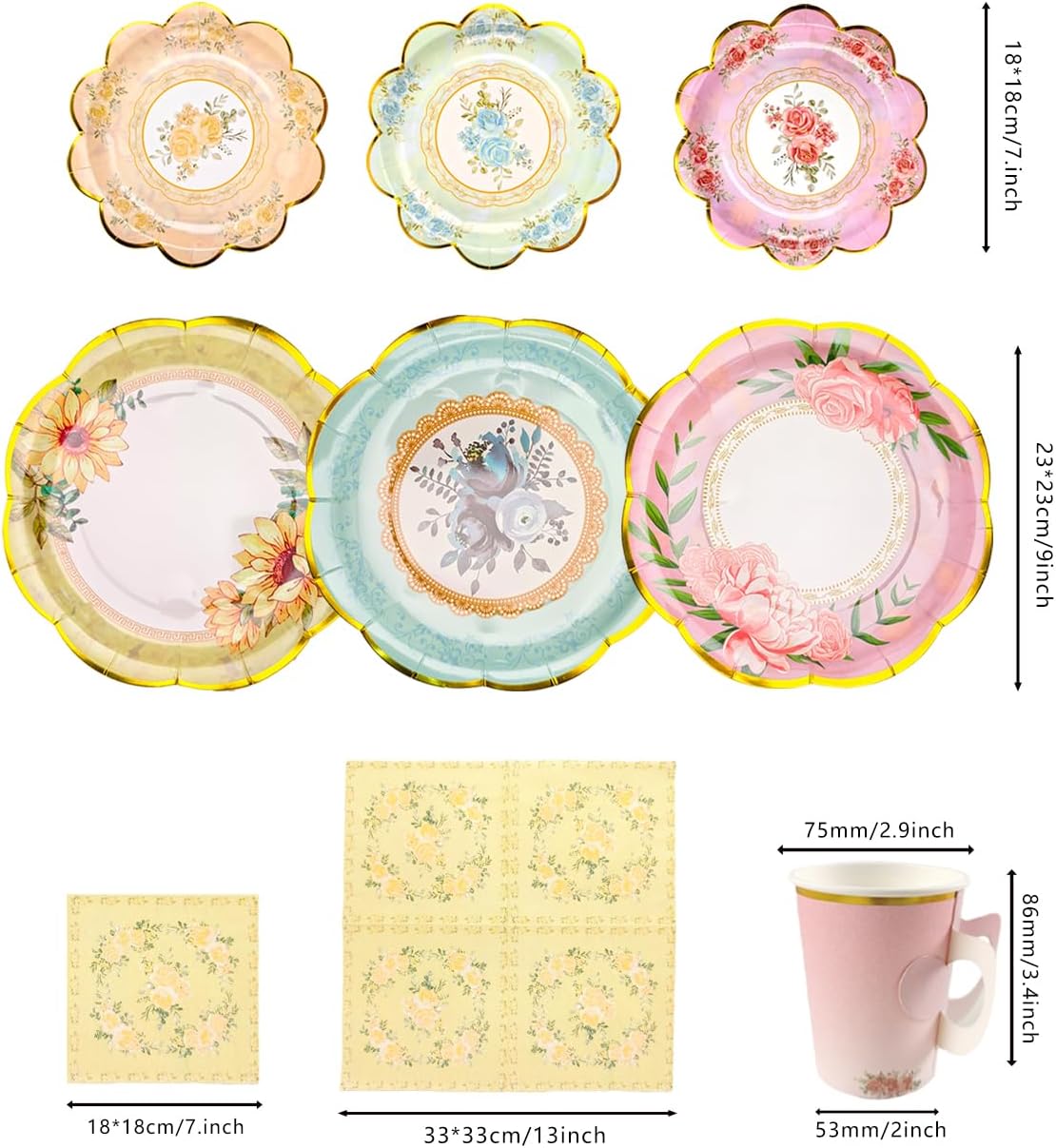 24 Sets Floral Paper Tea Cups and Saucers Disposable Tea Party Supplies, 7 Oz Teacup with Handle 9'' ＆ 7'' Paper Plate Napkin, Afternoon Tea Party Table Decorations for Birthday, Baby Shower, Wedding