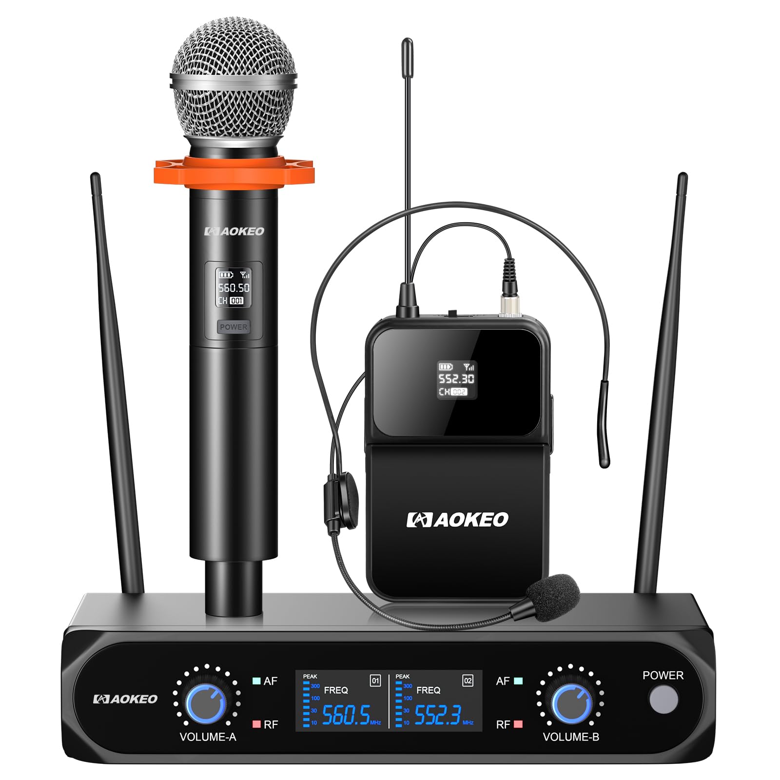 AOKEO Wireless Microphone System,Metal Wireless Mic Set with Handheld Microphone/Bodypack/Headset,2 x 30 UHF Frequencies, Cordless Mic for Singing, Karaoke, Church, DJ