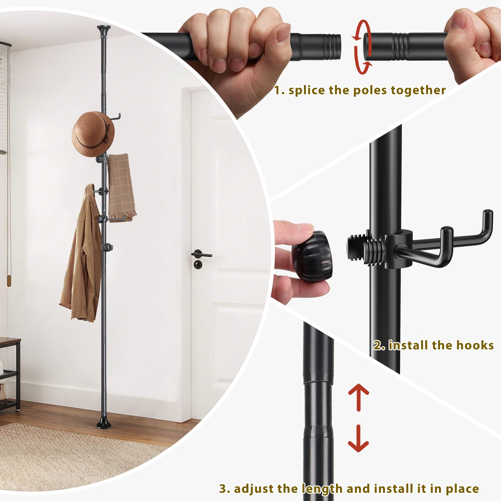 Appendiabiti autoportante, regolabile, 142,2-317,5 cm, asta di tensione, 12 ganci, per cappotti, cappelli, camera da letto, soggiorno, cucina, bagno, appartamento, ingresso, ufficio, nero