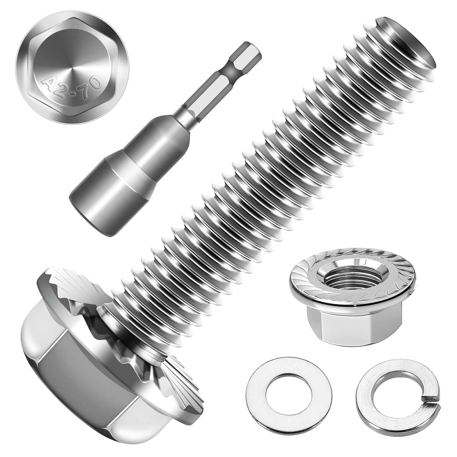 10 Stück M10x30 Sechskantschrauben, Flansch Schrauben, Edelstahl A2 V2A, Außensechskan, Vollgewinde, Unterlegscheiben, Federringe & Muttern/Schrauben-Sortiment mit Magnetischem Sechskant-Bit