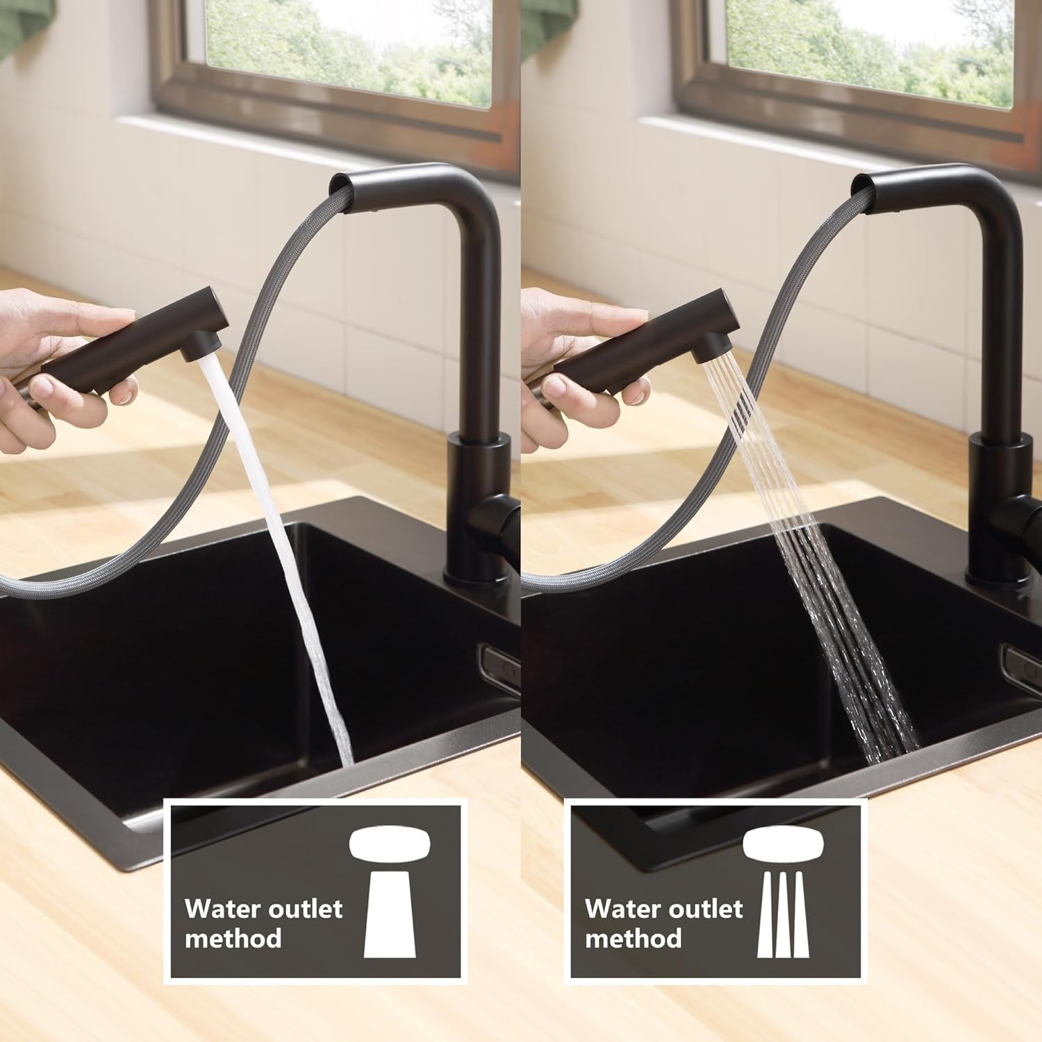 CECIPA Rubinetto Lavello Cucina Nero con 2 Modalità, Miscelatore Cucina con Doccetta Estraibile, Rubinetto con Beccuccio Girevole a 360°, Acqua Calda e Fredda, Acciaio Inox 304 (Nero)