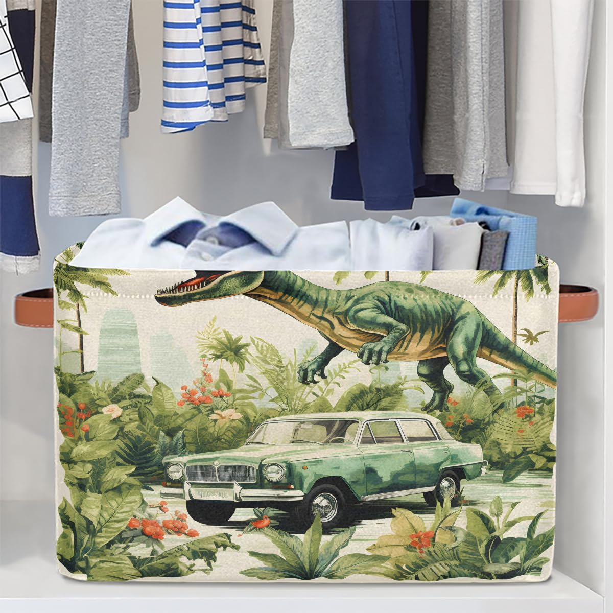 Mexpekil Cesta de almacenamiento de animales de dinosaurio, palmera, caja de almacenamiento de juguetes para niños, plegable, organizador de tela para estantes, cesta de regalo grande con asas, 2