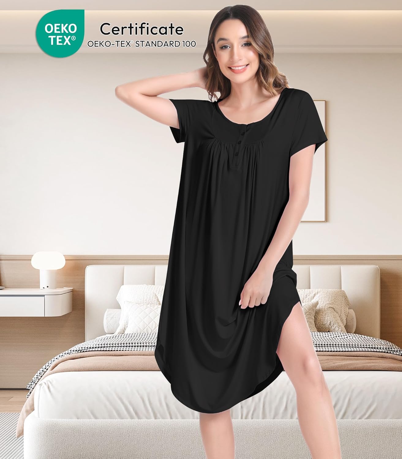 NACHILA Womens Nightgowns -Viscose Made from Bamboo,Soft Nightshirt Short Sleeve Sleepwear Pleated Sleepdress Cool Sleepshirt - Image 2