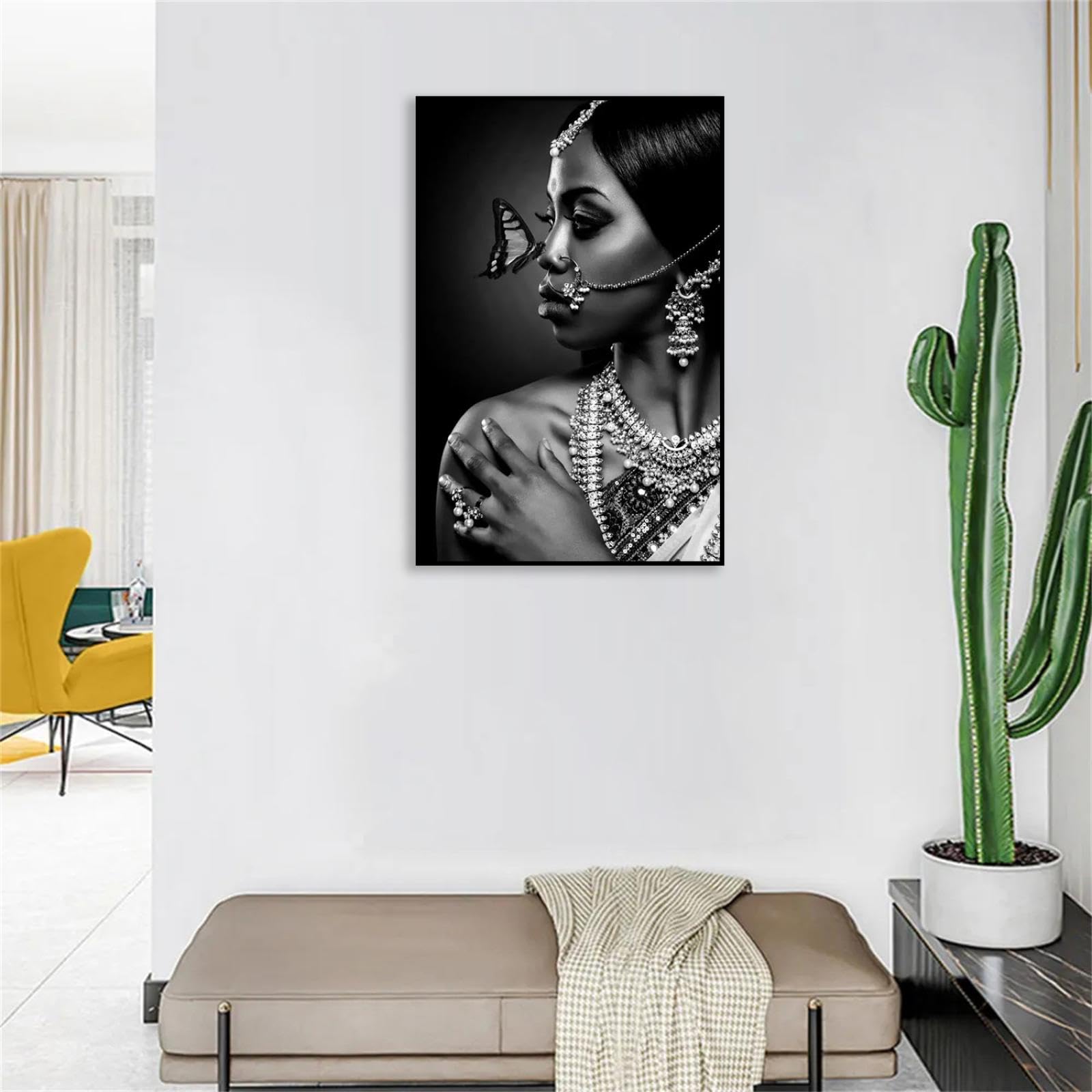 MOBYAT Joyería en blanco y negro,mujeres indias con mariposas,carteles e impresiones,pintura artística en lienzo,cuadro artístico de pared para sala de estar,90x60cm(36x24 pulgadas),marco negro