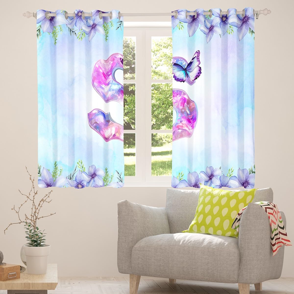 Homewish Rideau Occultant 140x175 cm Lettre Initiale S, Rideau Papillon Violet, Rideaux Voilage Fleur Florale Élégante, Voilage Fenetre Animal Fantaisiste de Rêve pour Chambre Salon