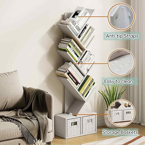 Miniatura 5 de Vagusicc Estantería de árbol de 6 niveles  Estantería moderna de pie con cestas, estante alto de almacenamiento de libros de madera para librosCD,