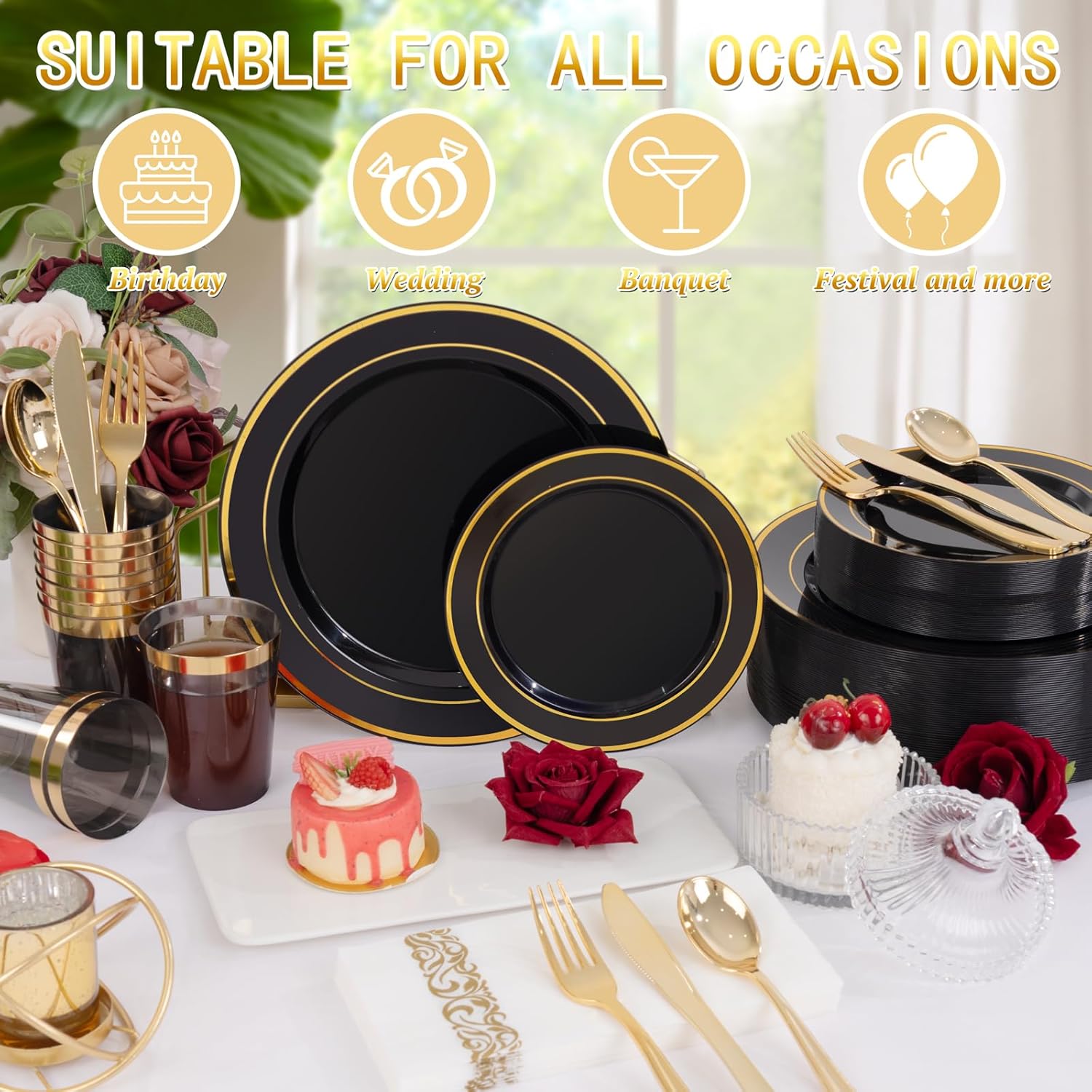 Supernal 800PCS Black and Gold Disposable Dinnerware Set Include 100 Dinner Plates&100 Dessert Plates,100 Knives,200Forks,100Spoons,100Cups,100Napkins for Party&Birthday - Image 6