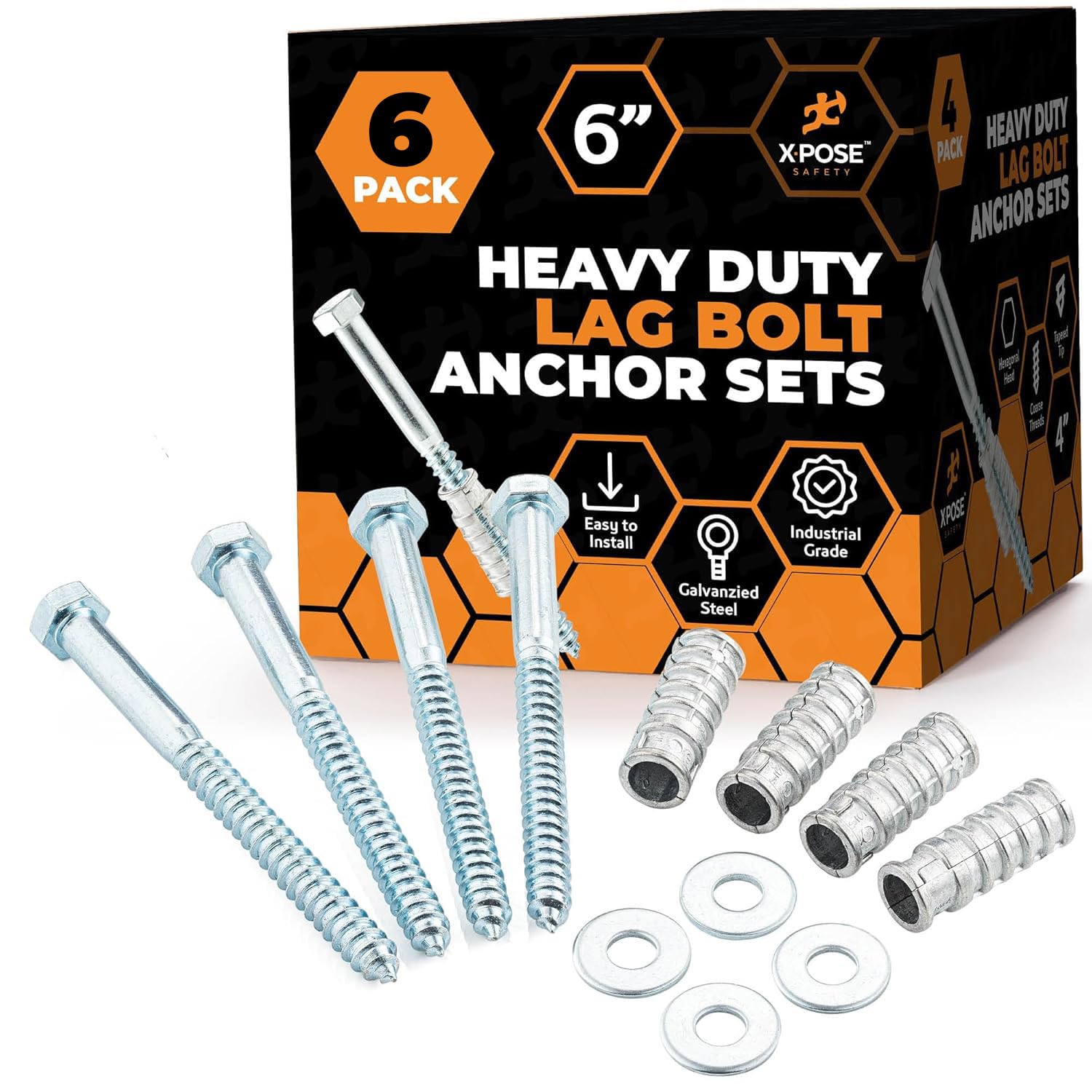Xpose Safety Parking Stoppers Concrete Anchors, 1/2" x 6" Lag Bolts, 6 Pack