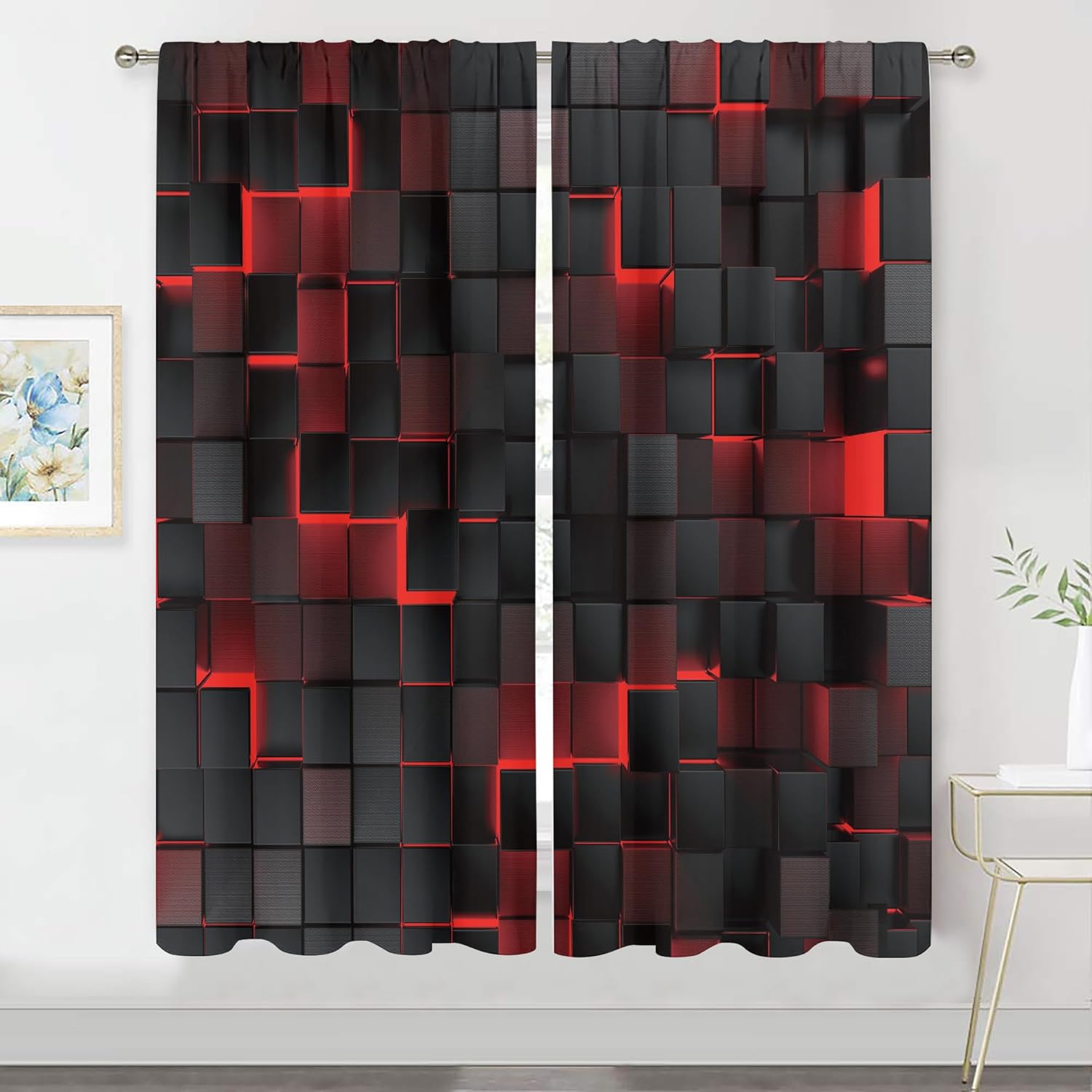 MESHELLY Red and Black Curtains 42Wx63H Inch Rod Pocket