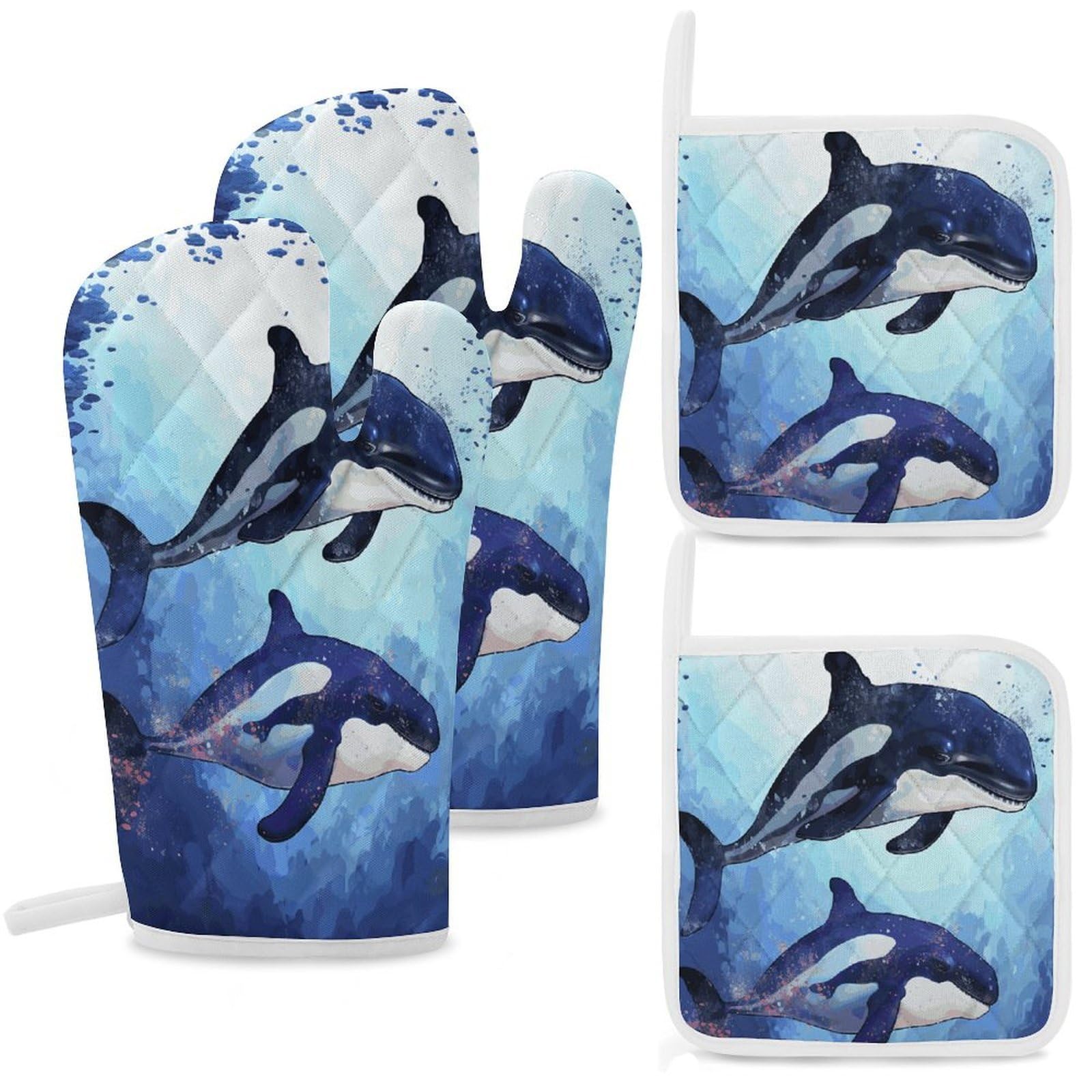 Fekiloot Style Orca Killer Whale Oven Mitts And Pot Holders 4-Piece Set, Kitchen Oven Glove With Hanging Loop, Bbq Gloves For Cooking Baking Grilling