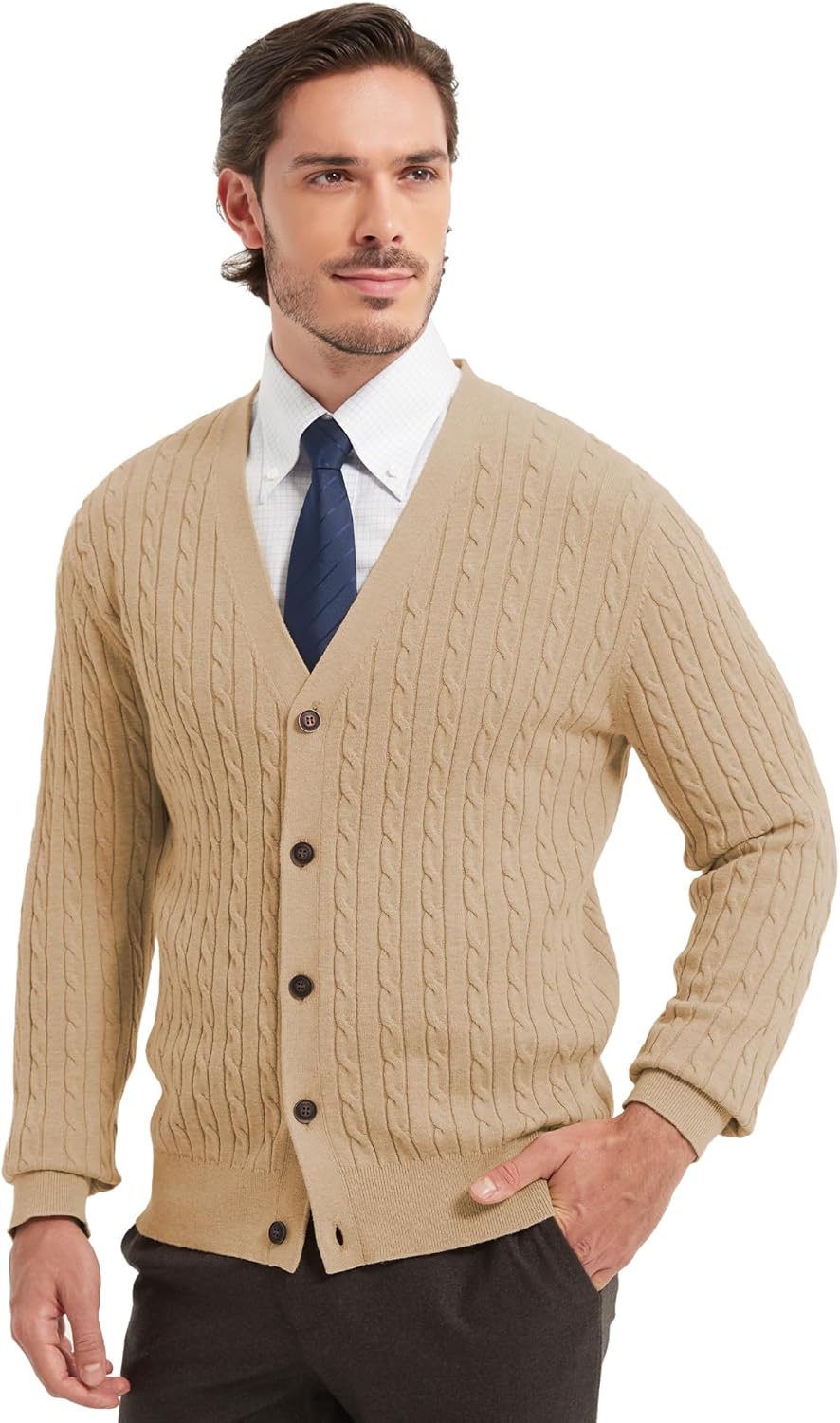 Kallspin Men’s Pure Cotton Cable Knit Cardigan V Neck Button Down Sweater Classic Casual Knitwear - Image 8