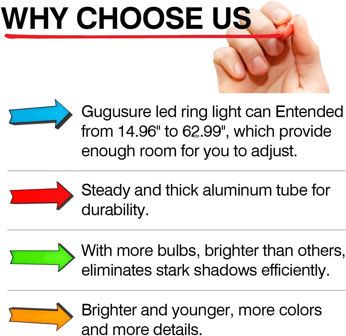 Gugusure Ring Light, 10" Led Ring Light with Tripod Stand & Phone Holder for Live Stream/Make Up/YouTube, Selfie Ring Light with 3 Light Modes and 10 Brightness Level, Compatible with iPhone/Android