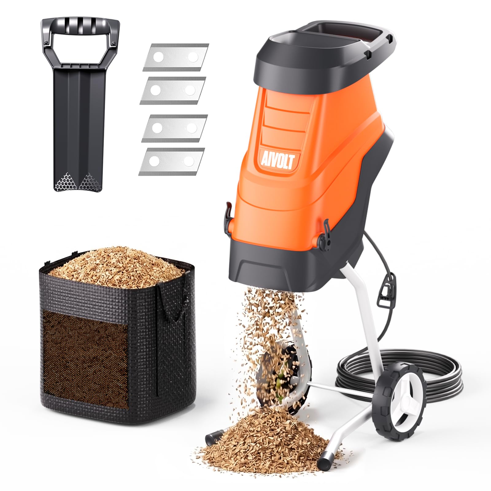 AIVOLT 2600W Garden Shredder, Wood Chipper, 45mm Cut, 4500rpm, 45L Bag