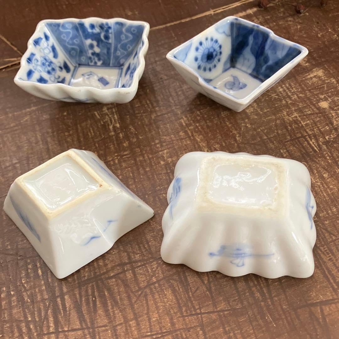 Amazon | 染付 豆皿 小皿 菱形 角皿 4枚 骨董 アンティーク 4セット