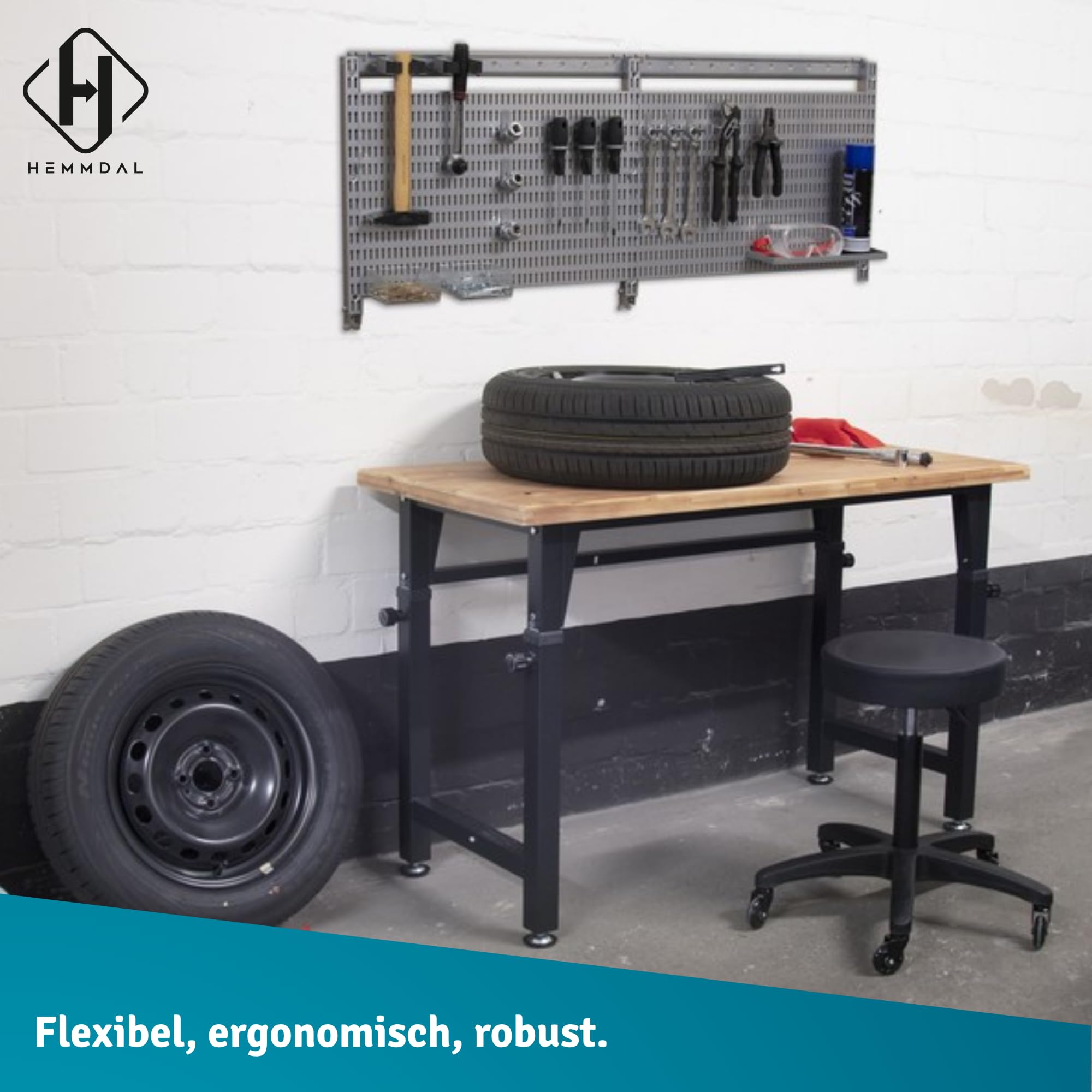 HEMMDAL Werkbank | 200 kg Tragkraft | HxBxT 105 x 135 x 60 cm | 3,5 cm Starke geölte Holzplatte | höhenverstellbar | hochrobust aus pulverbeschichtetem Stahl | Profi-Arbeitstisch | Werktisch