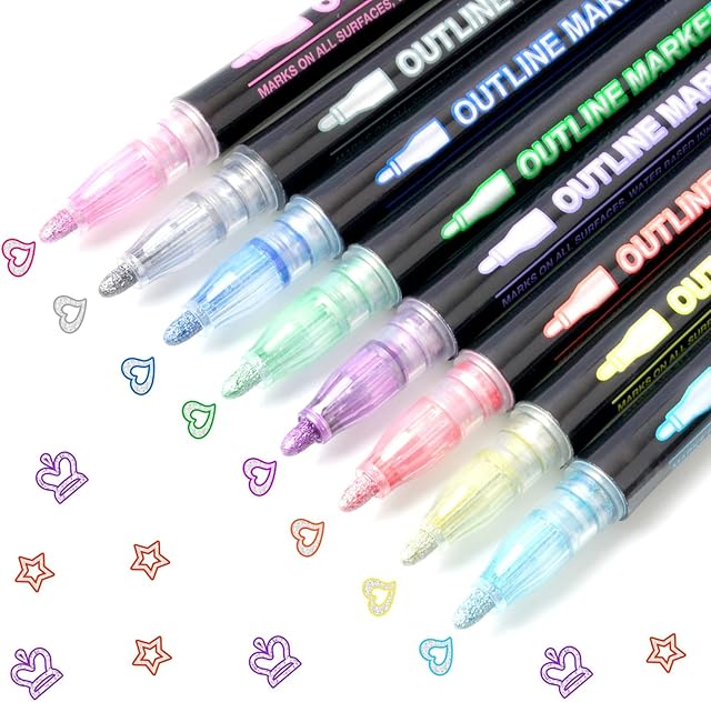 Hiyouer Double Line Outline Pens, 8 Colours Shimmer Metallic Markers Glitter Pens fo DIY Art Craft Scrap Booking Posters Doodle Dazzle for Birthday Greeting Festival Christmas Gift Card