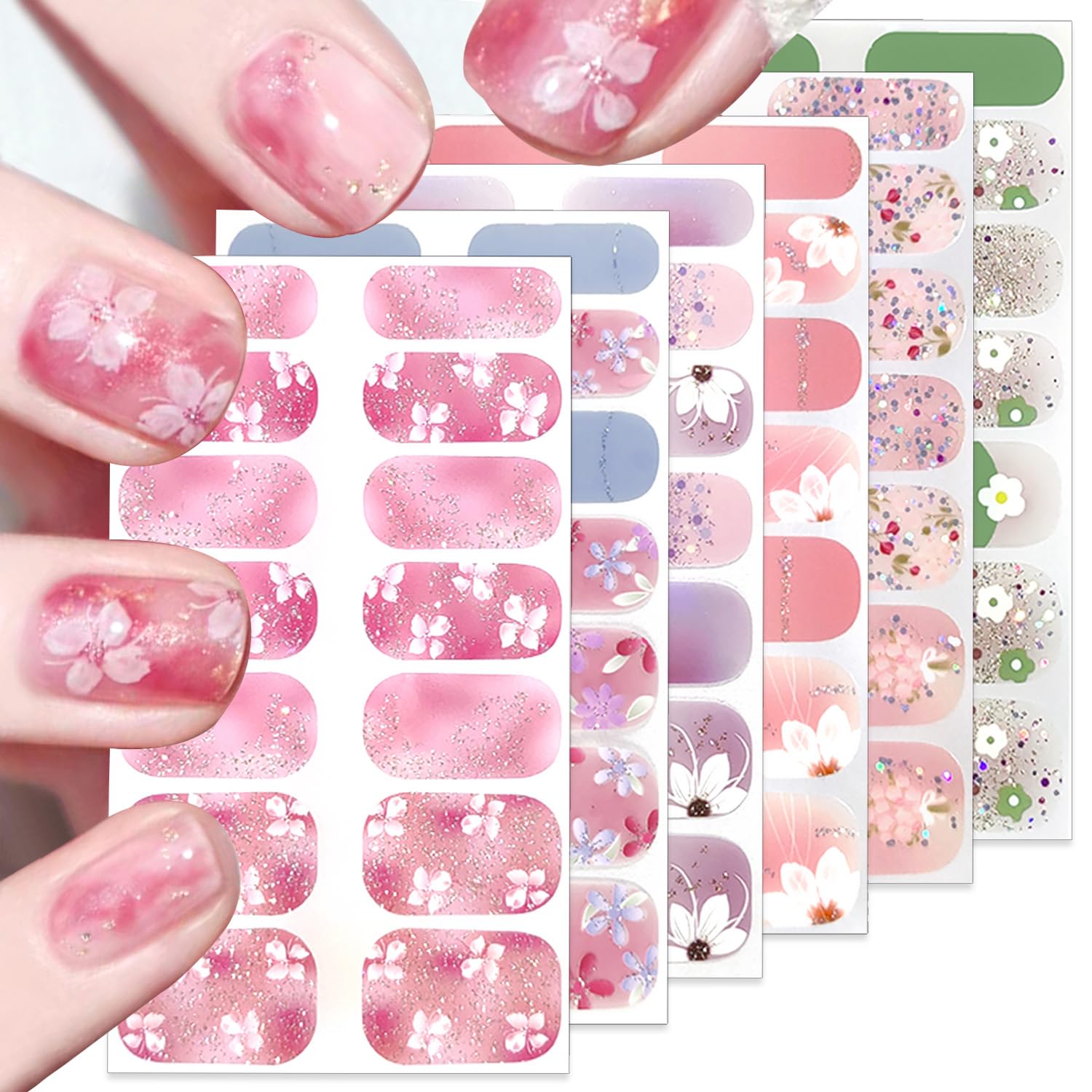 WFBBKP 6 Sheets Spring Gel Nail Strips Stickers Colorful Flower Nail Wraps St...