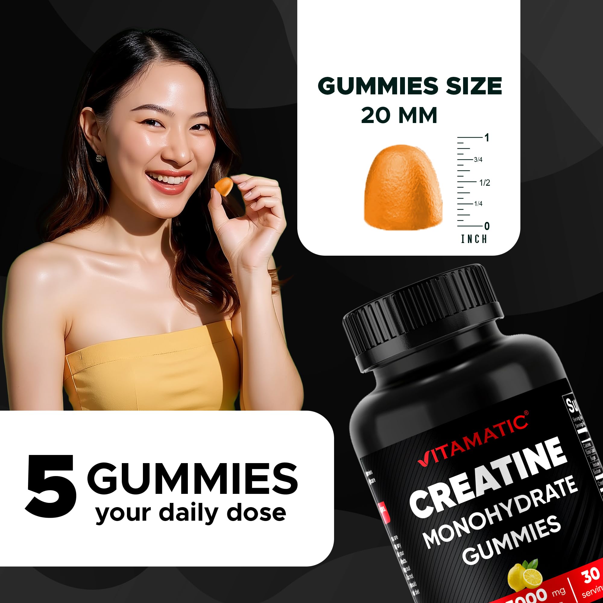 Vitamatic Creatine Gummies 5000mg per Serving Natural Lemon Flavor – 150 Gummies – Creatine Monohydrate for Muscle Strength, Energy & Recovery – Non-GMO, Gluten-Free — Amazon image 3