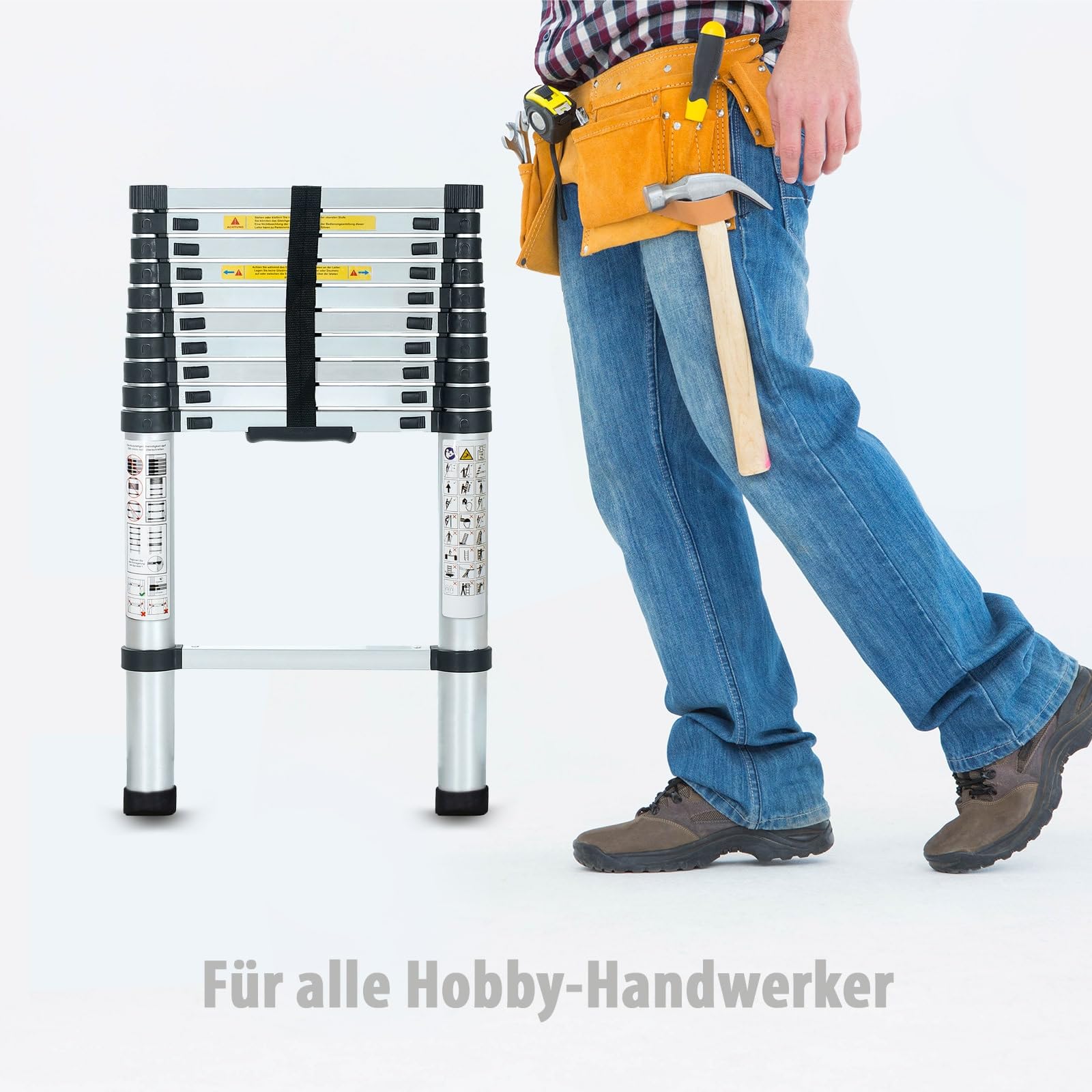 Eaxus® Teleskopleiter 3,2 m | DIN EN 131 | Aluminium Mehrzweckleiter | Ausziehbar mit 11 Stufen | Silber