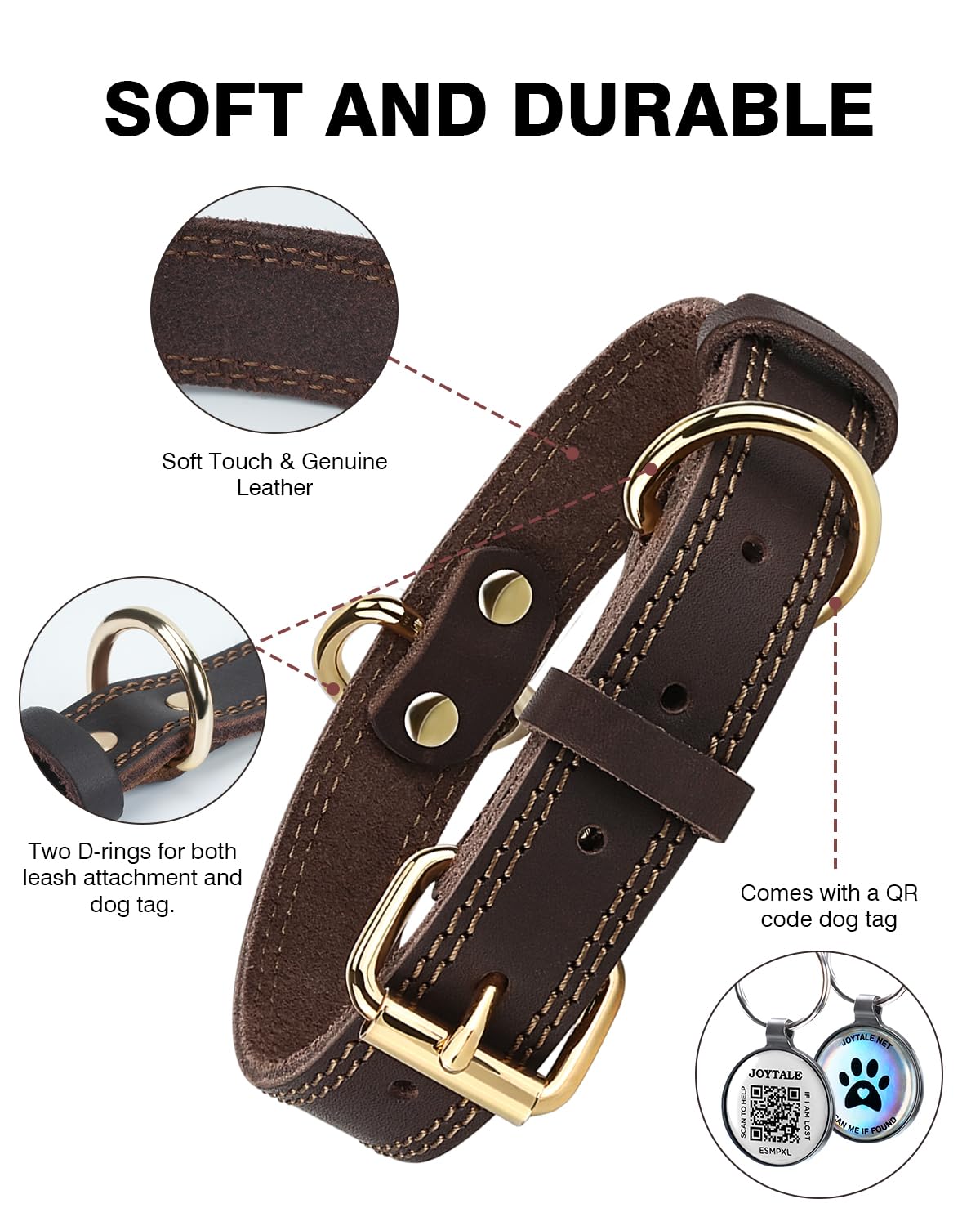 Joytale Genuine Leather Dog Collar with Metal Buckle, Heavy Duty Soft and Durable Leather Collars, Adjustable for Medium Dogs Brown, M - Image 3
