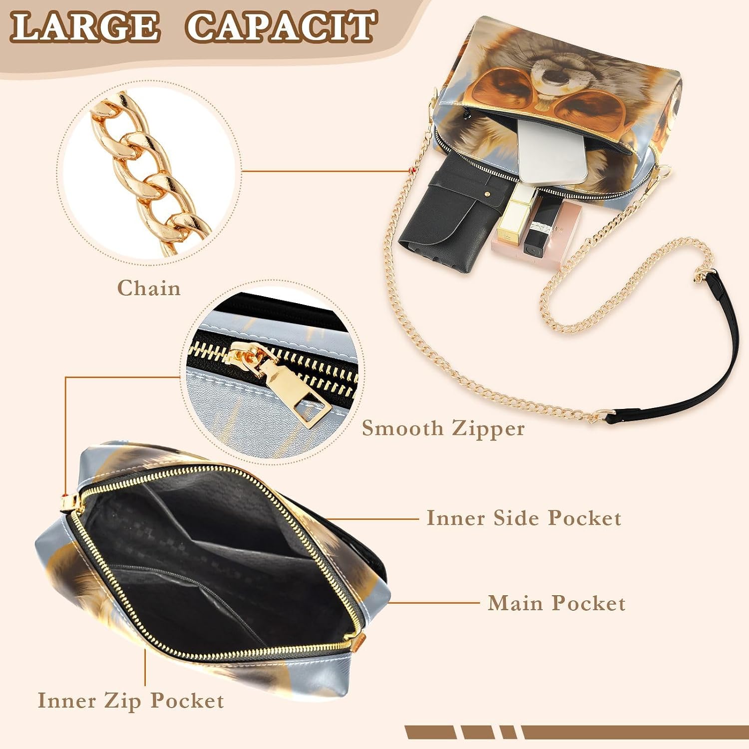 Vintage Fox Portrait Women's PU Leather Crossbody Bag Shoulder Handbag Cellphone Purse with Metal Chain Strap Water Resistant Zipper Closure