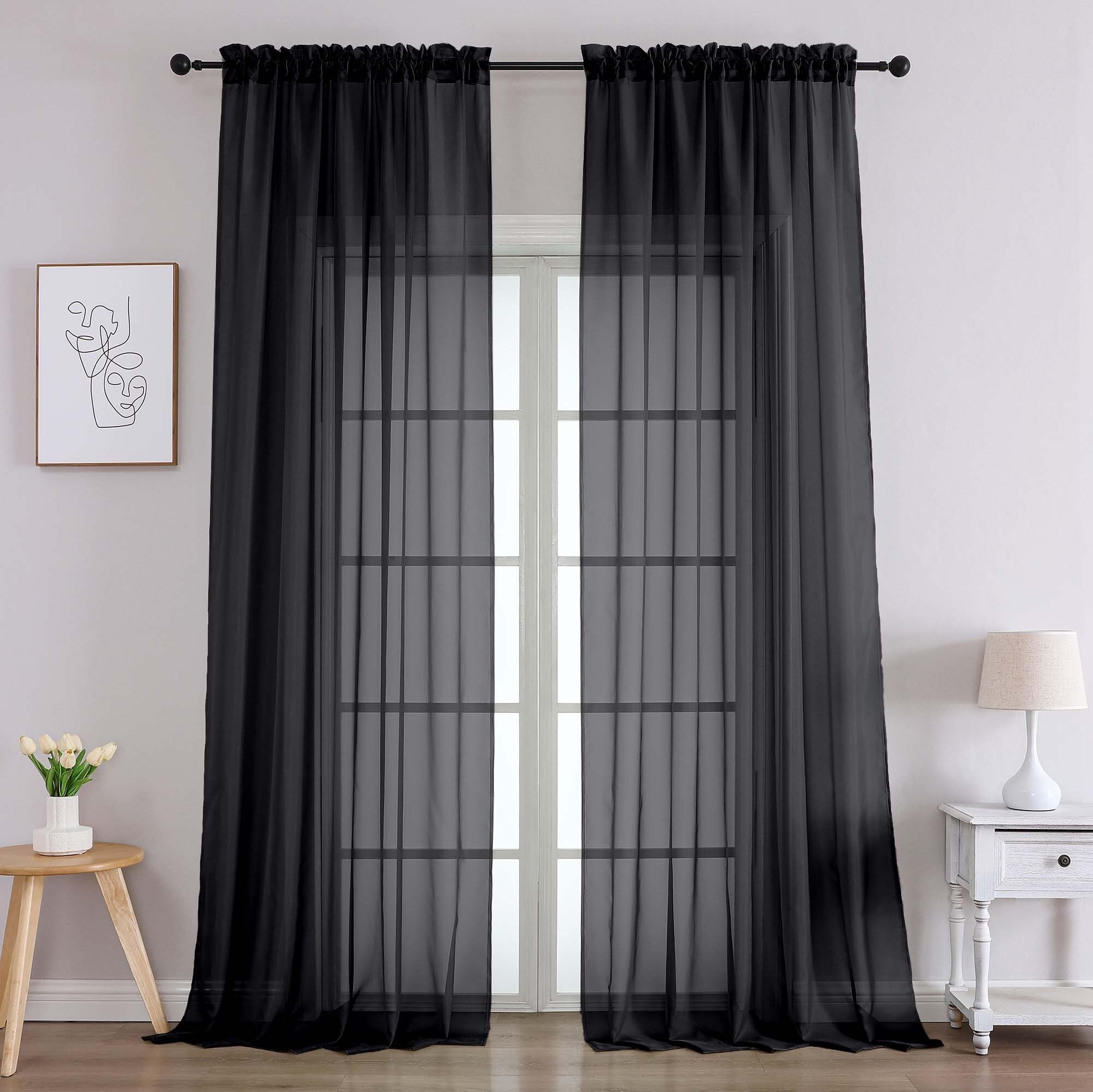 Chyhomenyc Black Sheer Curtains 96 Inches Long 2 Panels, Light Filtering Black Curtains for Living Room, Soft Gentle Voile Rod Pocket Bedroom Window Drapes, 59Wx96L Inch, 2PCS
