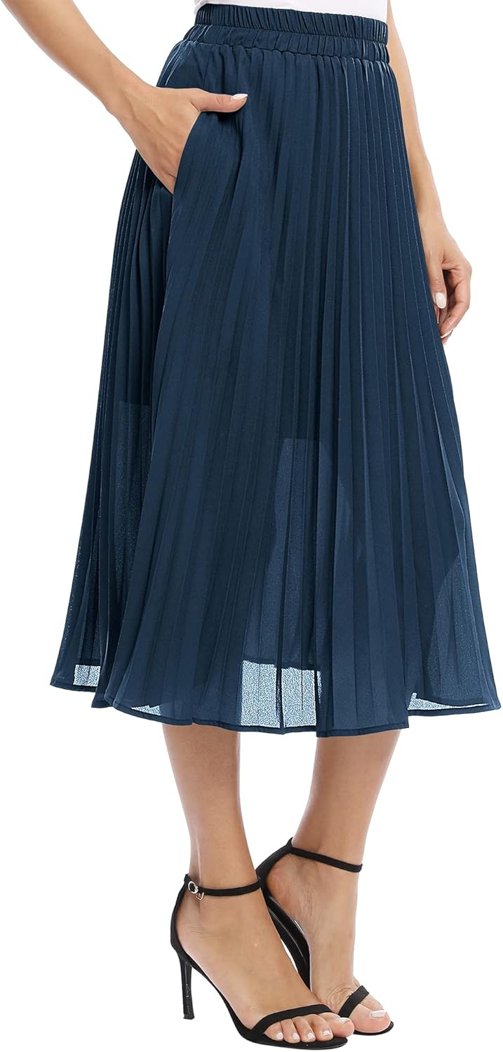EXCHIC Women's Casual Chiffon Elastic Waist A-Line Pleated Midi Skirt with Pockets - Image 4
