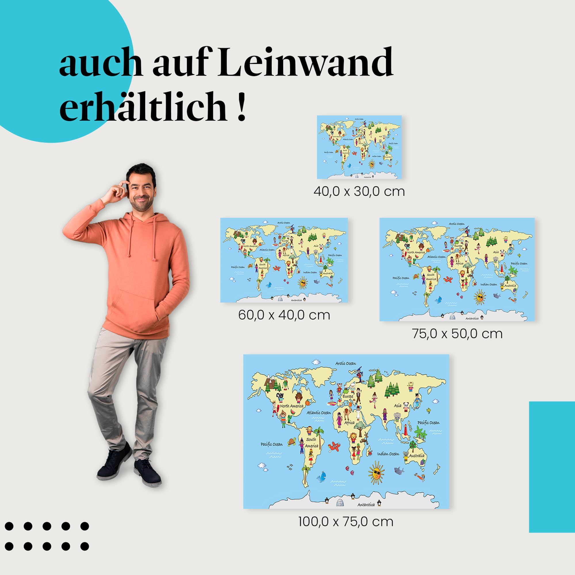 Postereck - 2353 - Weltkarte, Kontinente Kinderzimmer Schule Lernen - Kinder Kinderzimmer Kinderbild Wandposter Fotoposter Bilder Wandbild Wandbilder - Leinwand - 100,0 cm x 75,0 cm