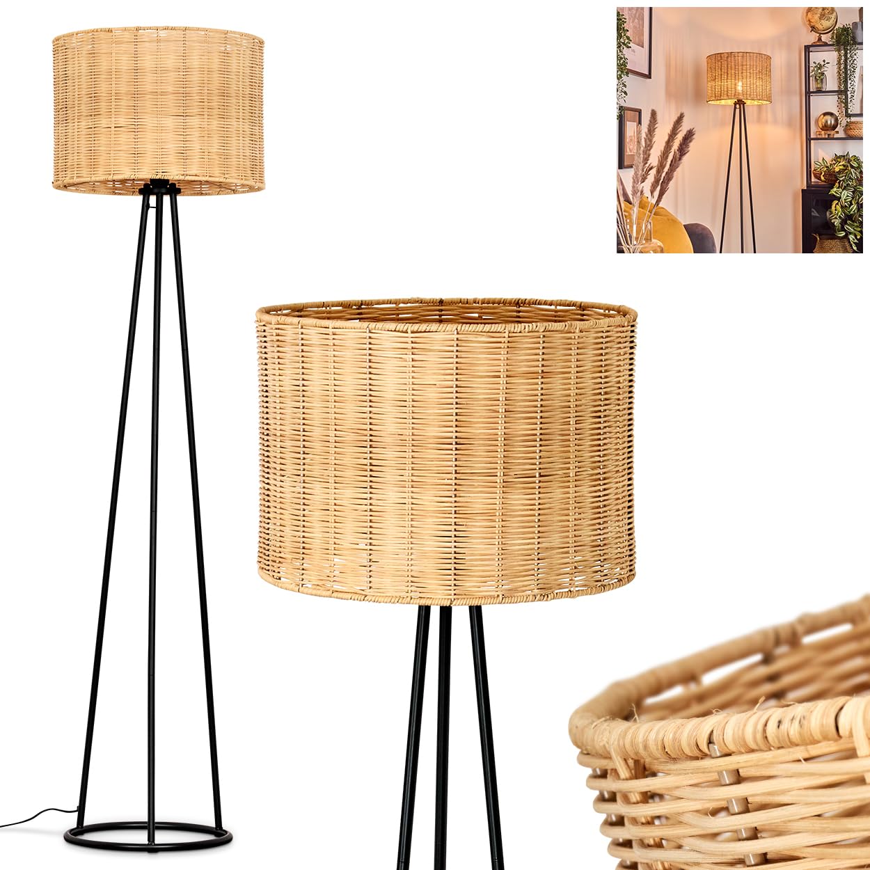 HOFSTEIN Stehleuchte Cavaca, Stehlampe aus Metall/Rattan in Schwarz/Natur, Leuchte im modernen Design mit rundem Schirm Ø 40 cm und Fußschalter, Höhe 152 cm, E27, Wohnzimmer, Schlafzimmer, Esszimmmer