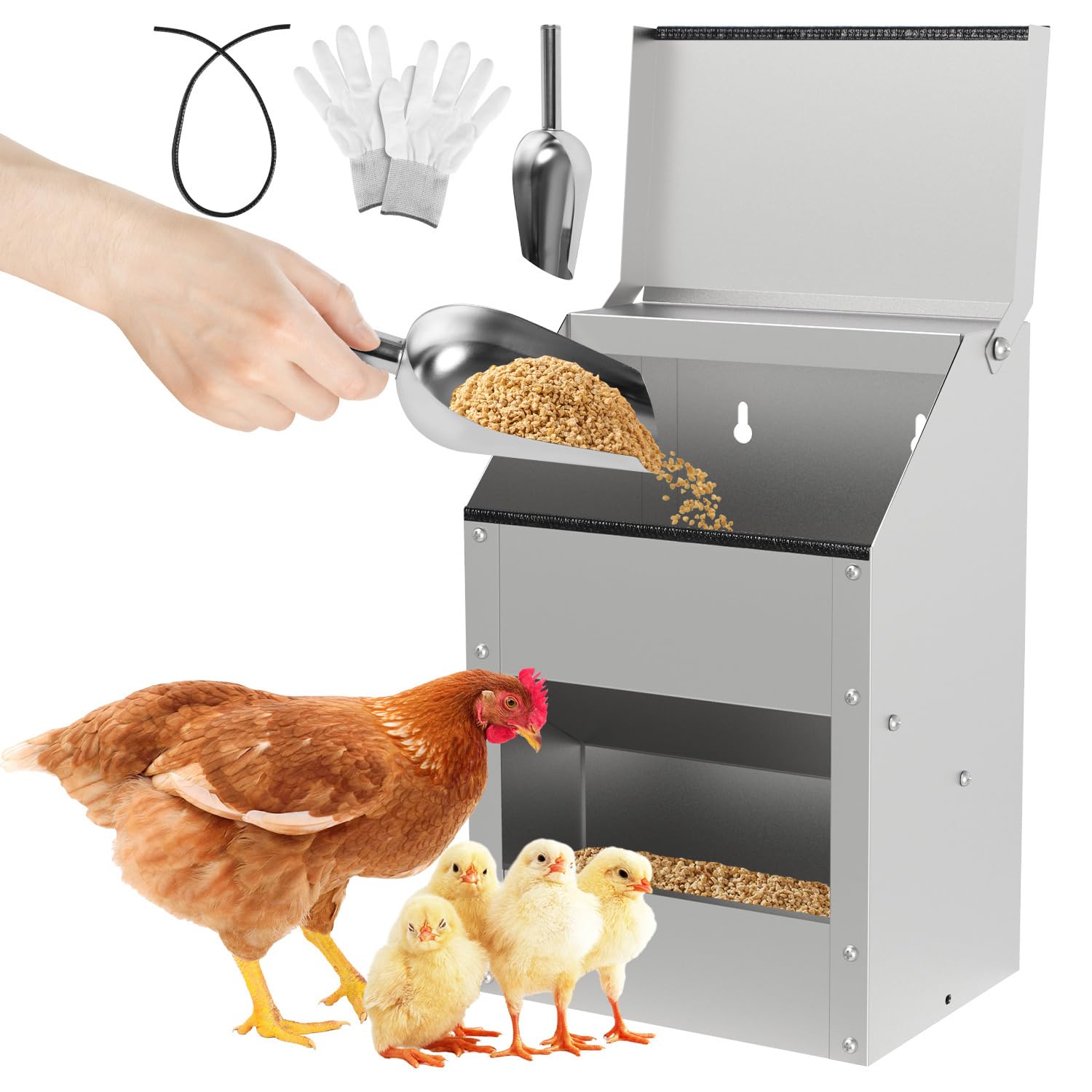 Comedero automático para gallinas, 4,5 kg, acero galvanizado con tapa, soporte de pared, accesorios, comedero para pollos, patos, aves de corral