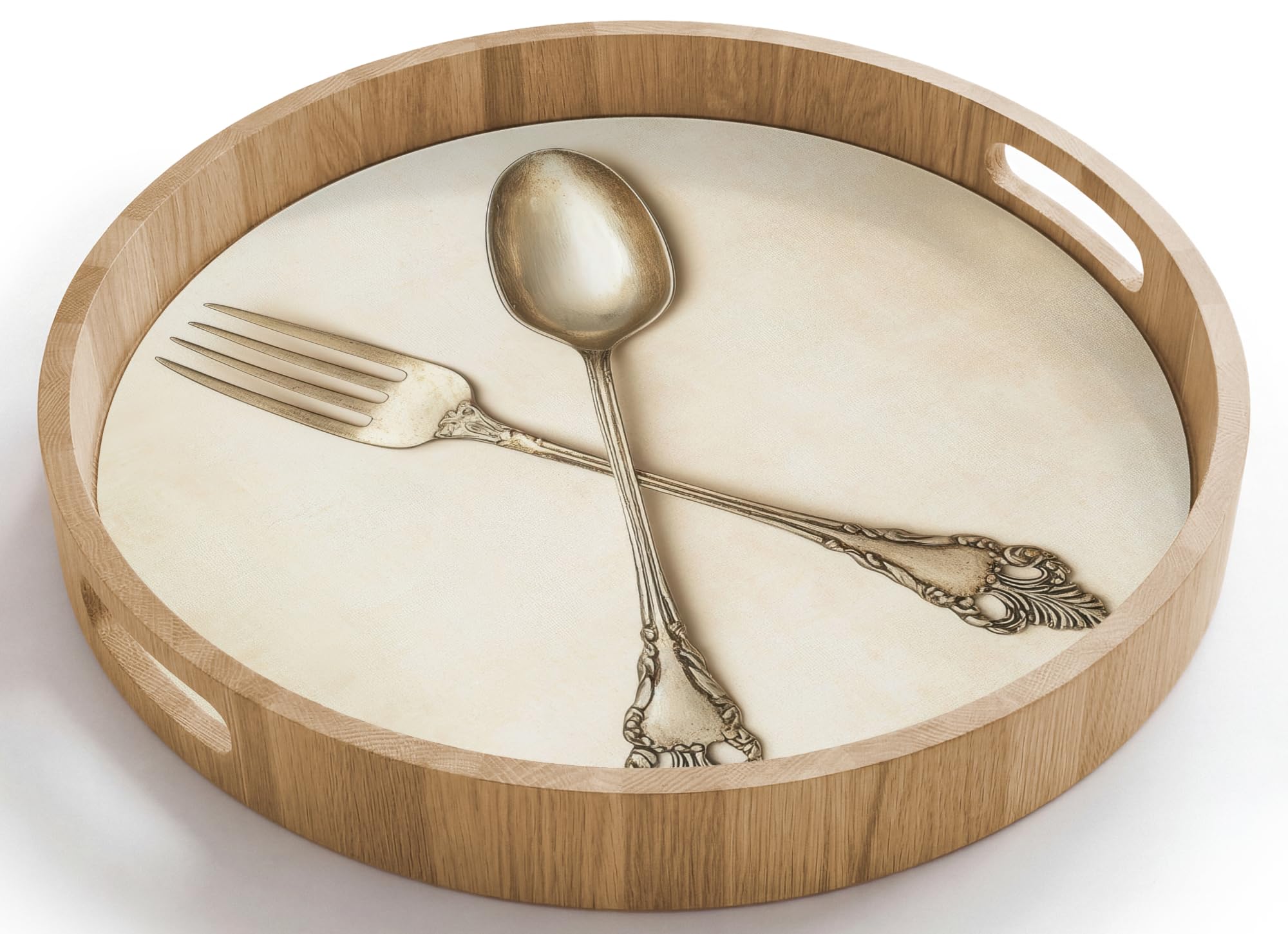 Bandejas De Madera Redonda 40x40 cm Bandeja para Servir Roble Decorativa Resistente A Los Arañazos Tabuleiro Diseño Desayuno Beige - Vintage - Cubiertos
